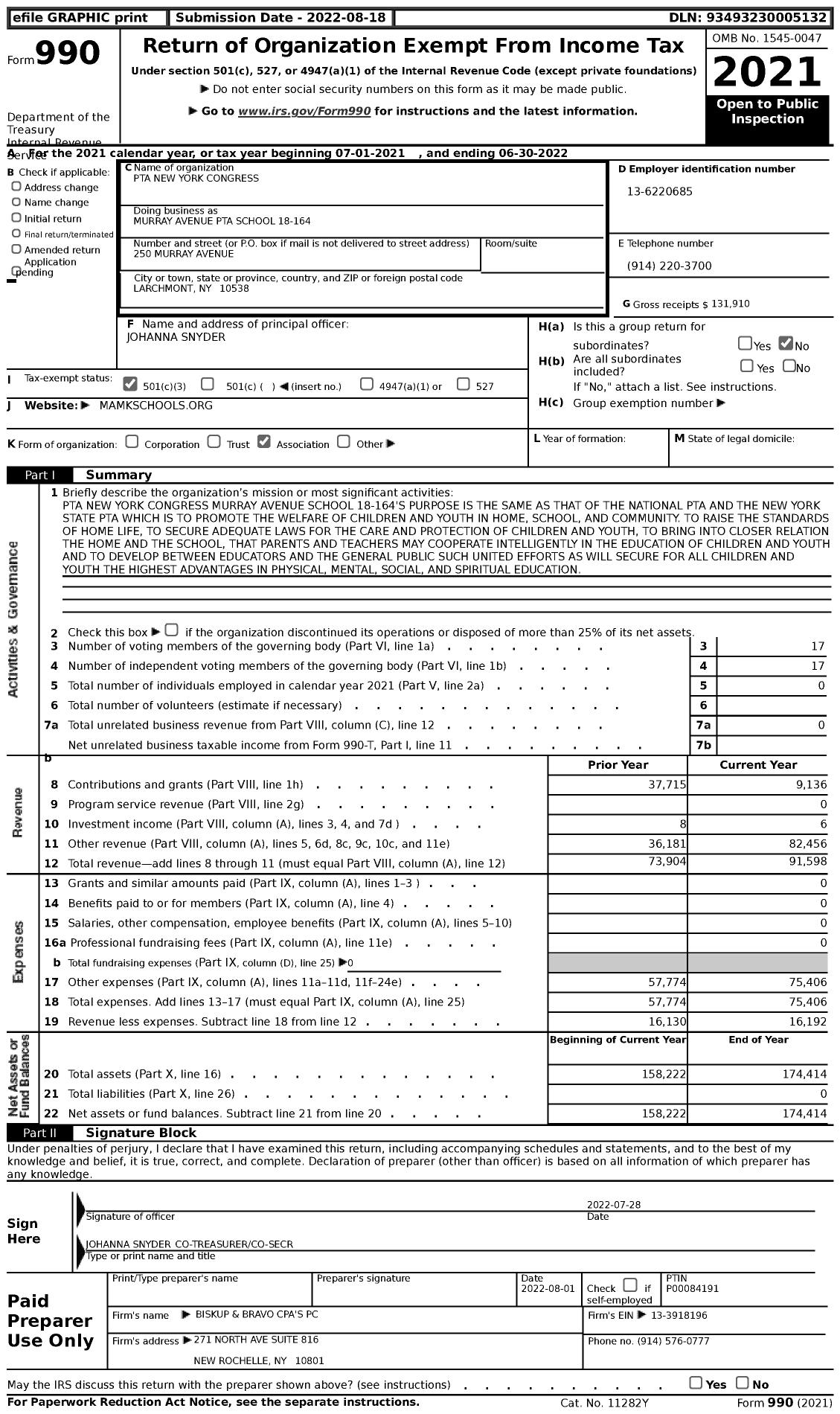 Image of first page of 2021 Form 990 for New York State PTA - Murray Avenue PTA School 18-164