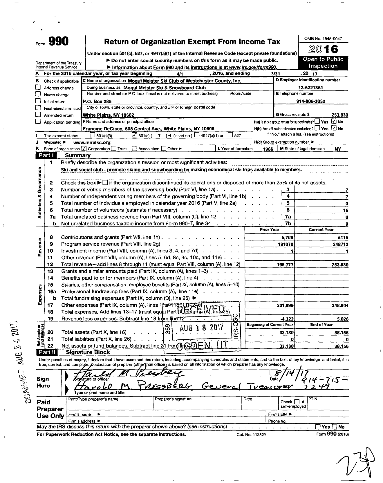 Image of first page of 2016 Form 990O for Mogul Meister Ski & Snowboard Club