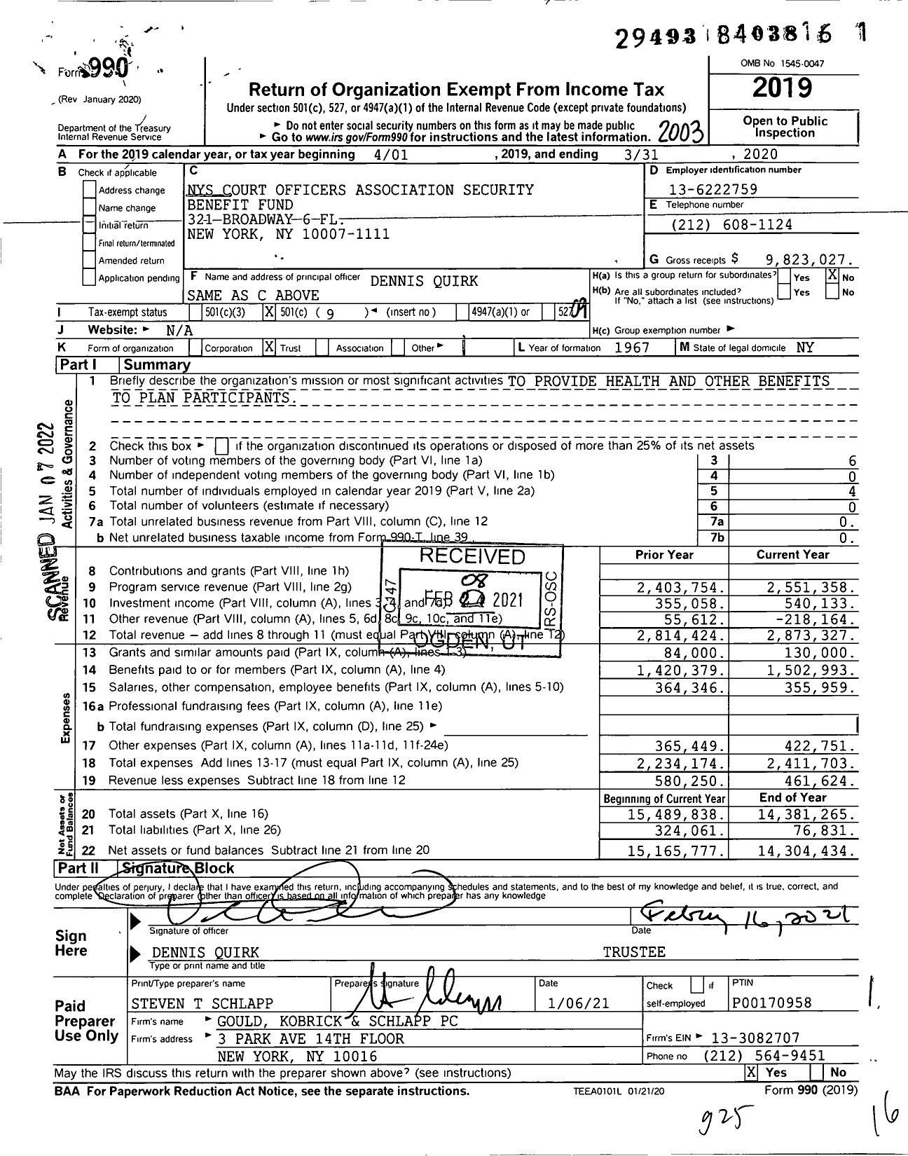 Image of first page of 2019 Form 990O for NYS Court Officers Association Security Benefit Fund