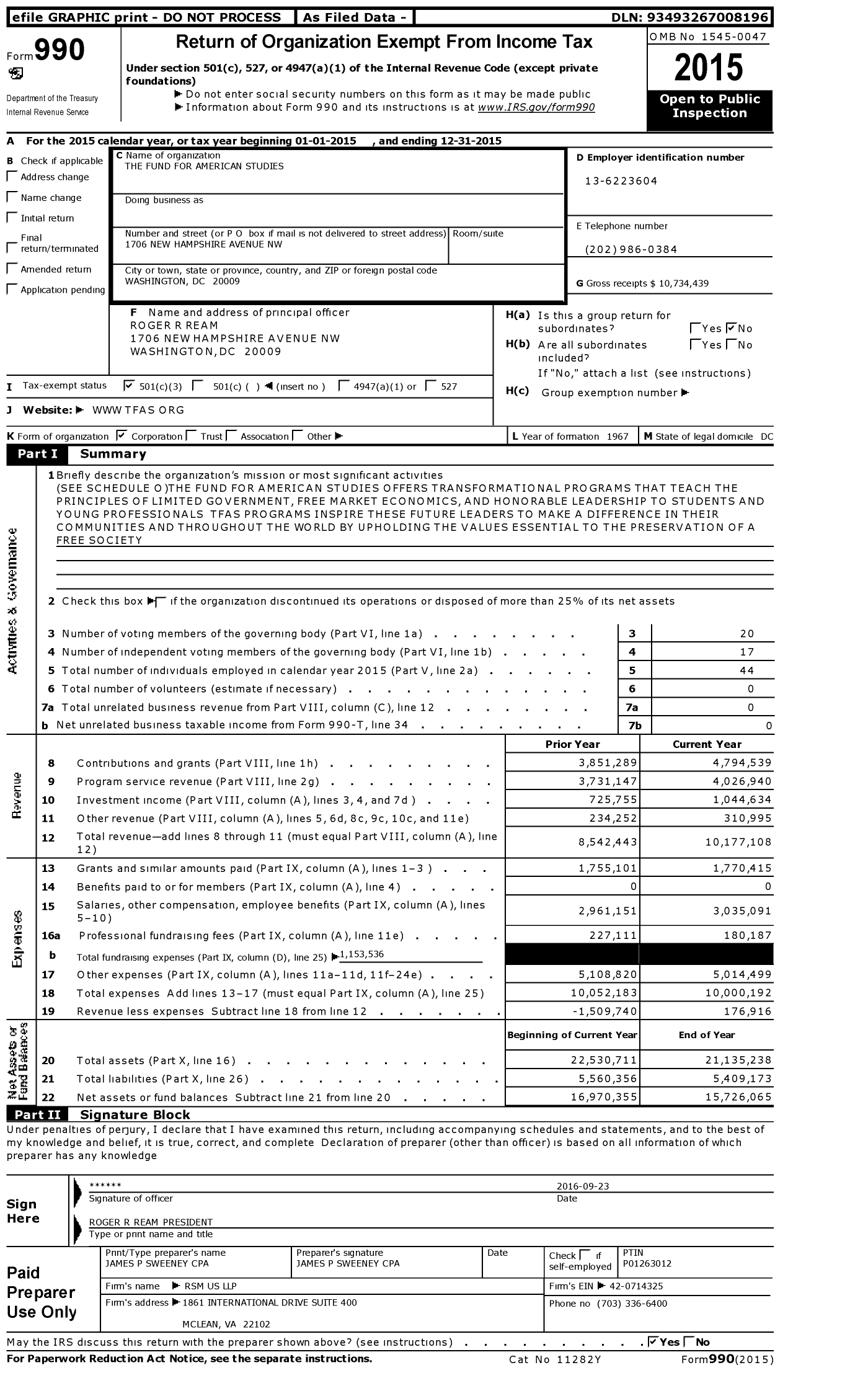 Image of first page of 2015 Form 990 for The Fund for American Studies