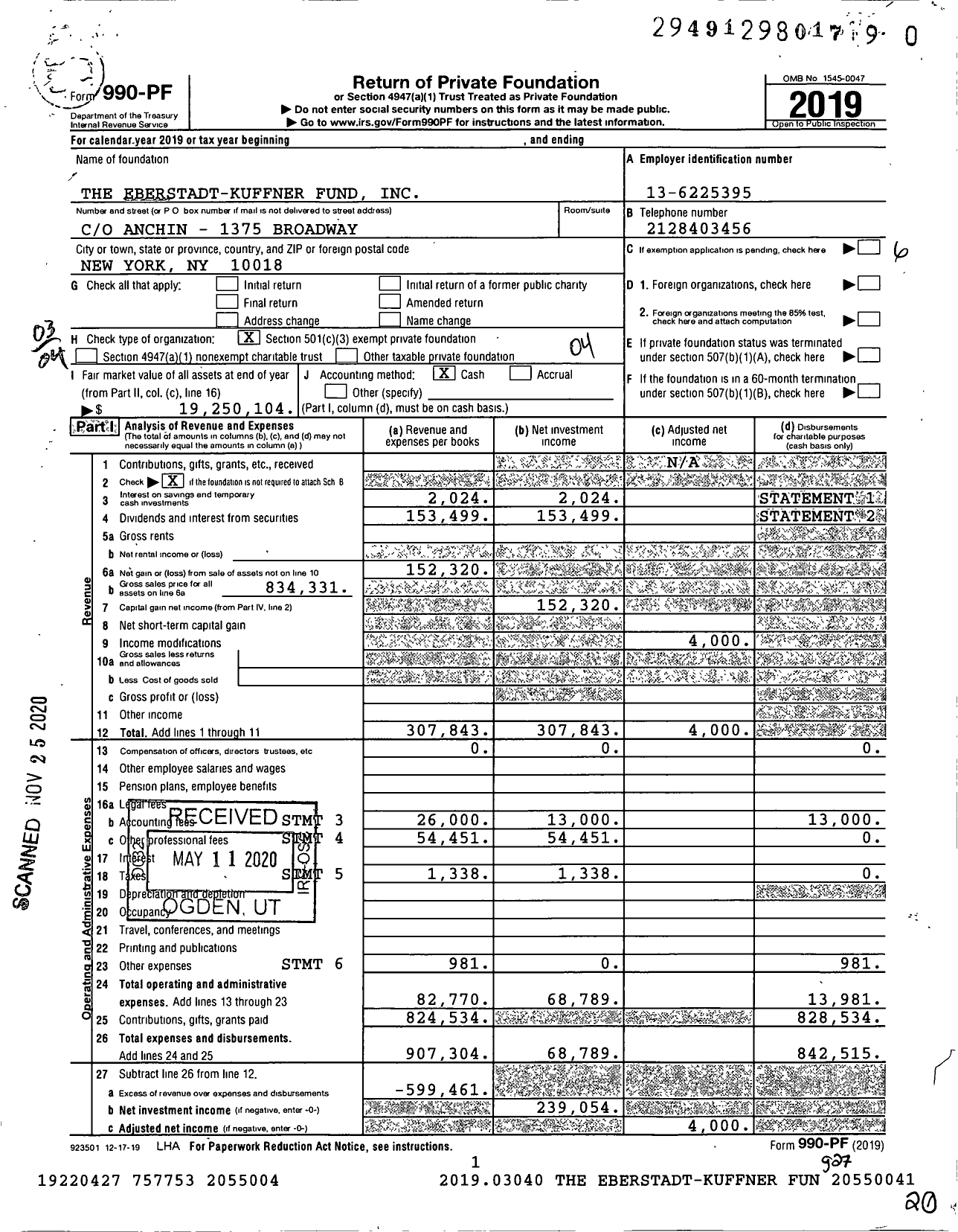 Image of first page of 2019 Form 990PF for Eberstadt-Kuffner Fund
