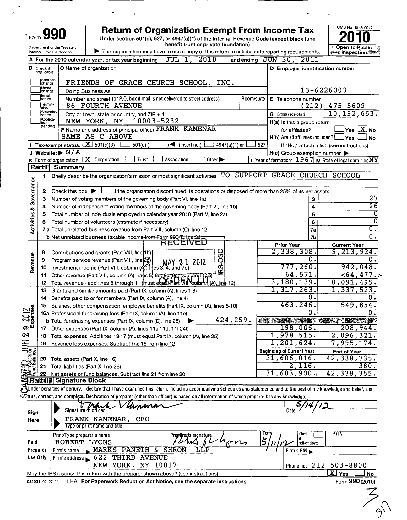 Image of first page of 2010 Form 990 for Friends of Grace Church School