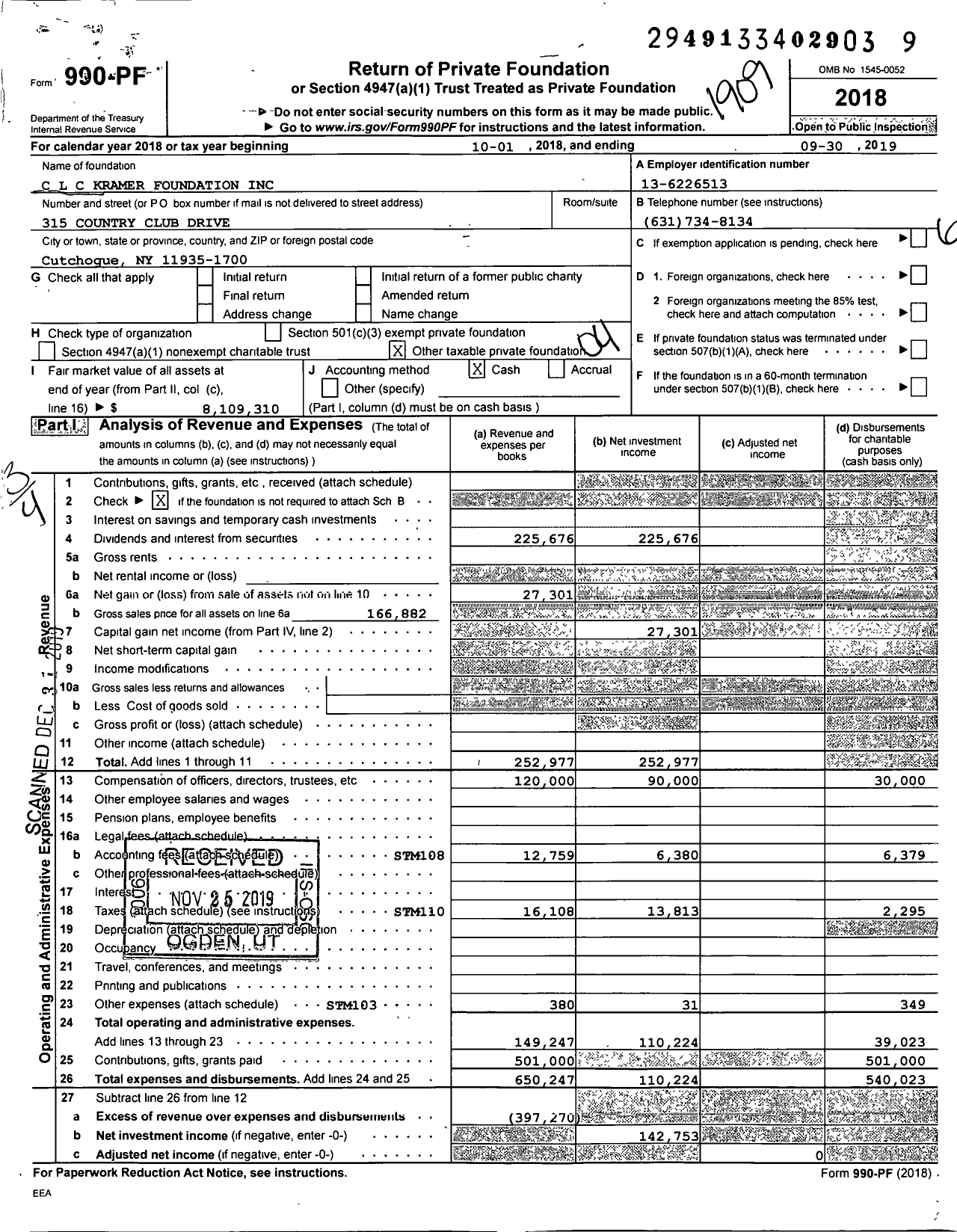 Image of first page of 2018 Form 990PF for C L C Kramer Foundation