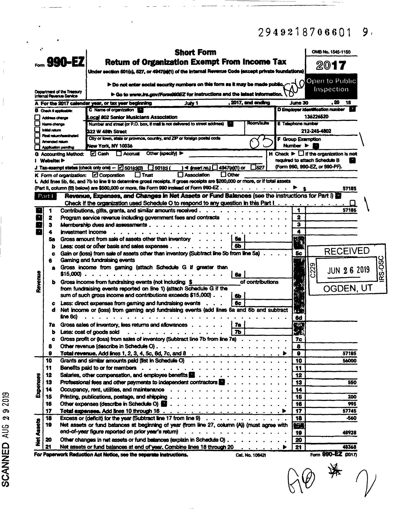 Image of first page of 2017 Form 990EZ for Local 802 Senior Musicians Association