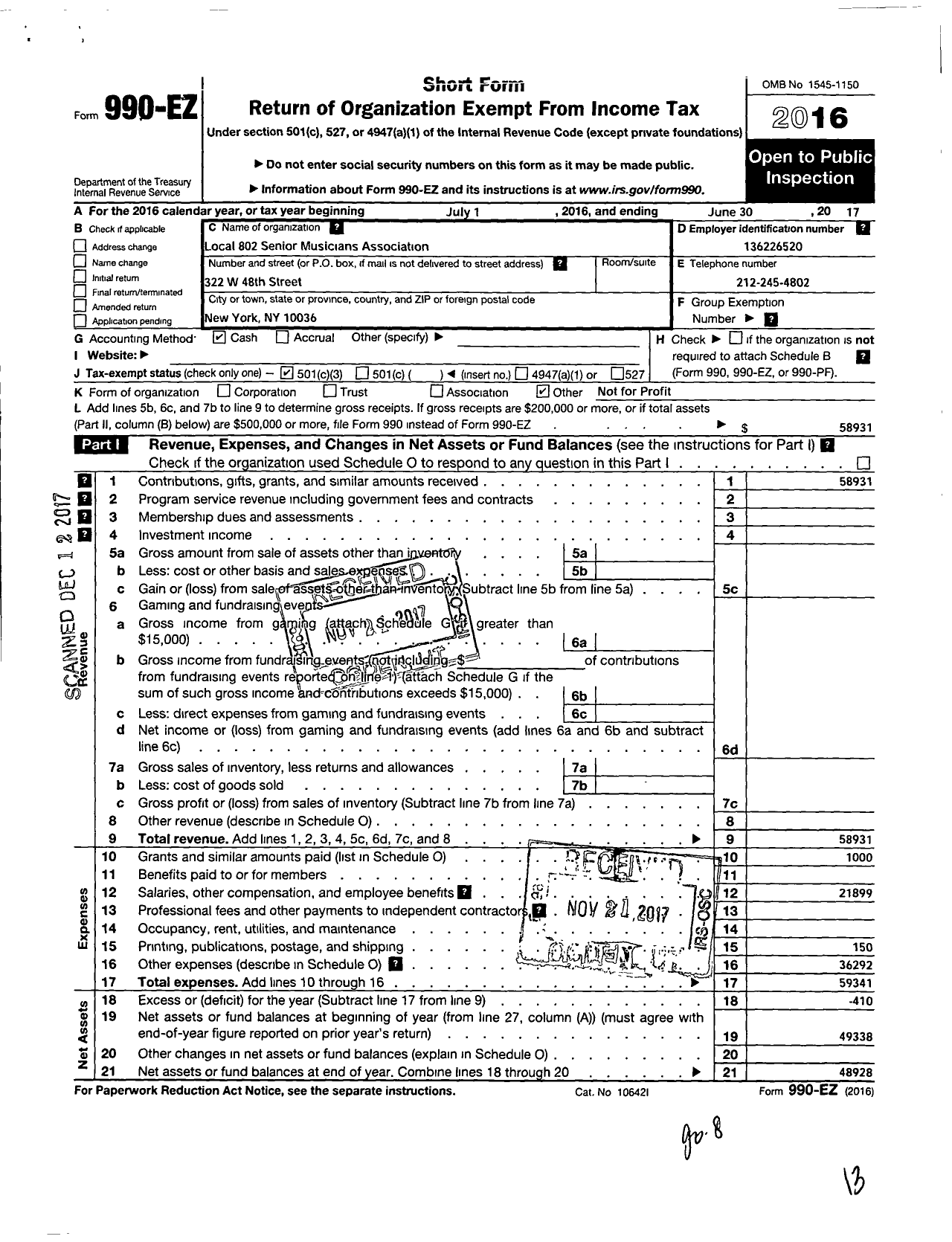 Image of first page of 2016 Form 990EZ for Local 802 Senior Musicians Association