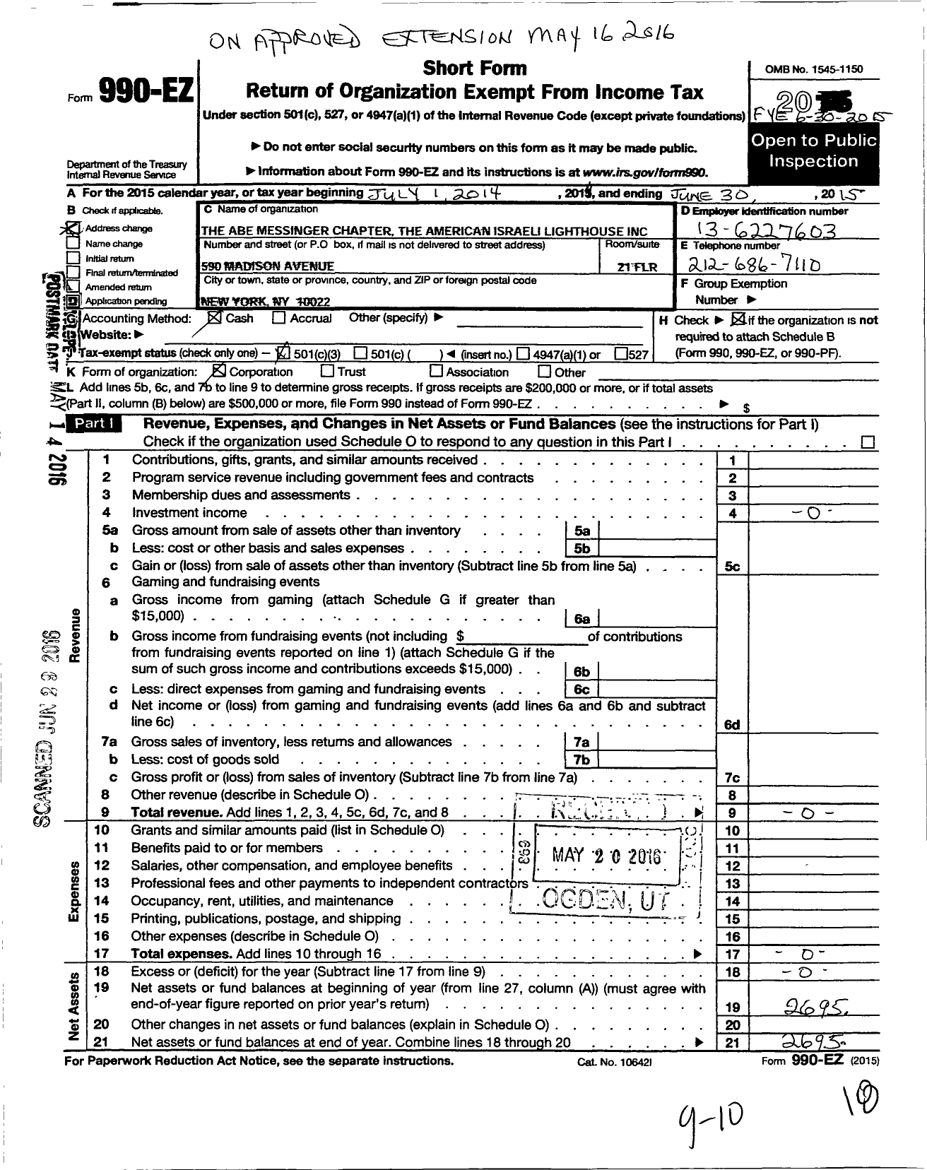 Image of first page of 2014 Form 990EZ for ABE MESSINGER CHAPTER The American Israeli Lighthouse