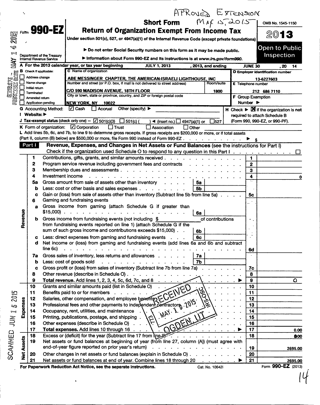 Image of first page of 2013 Form 990EZ for ABE MESSINGER CHAPTER The American Israeli Lighthouse