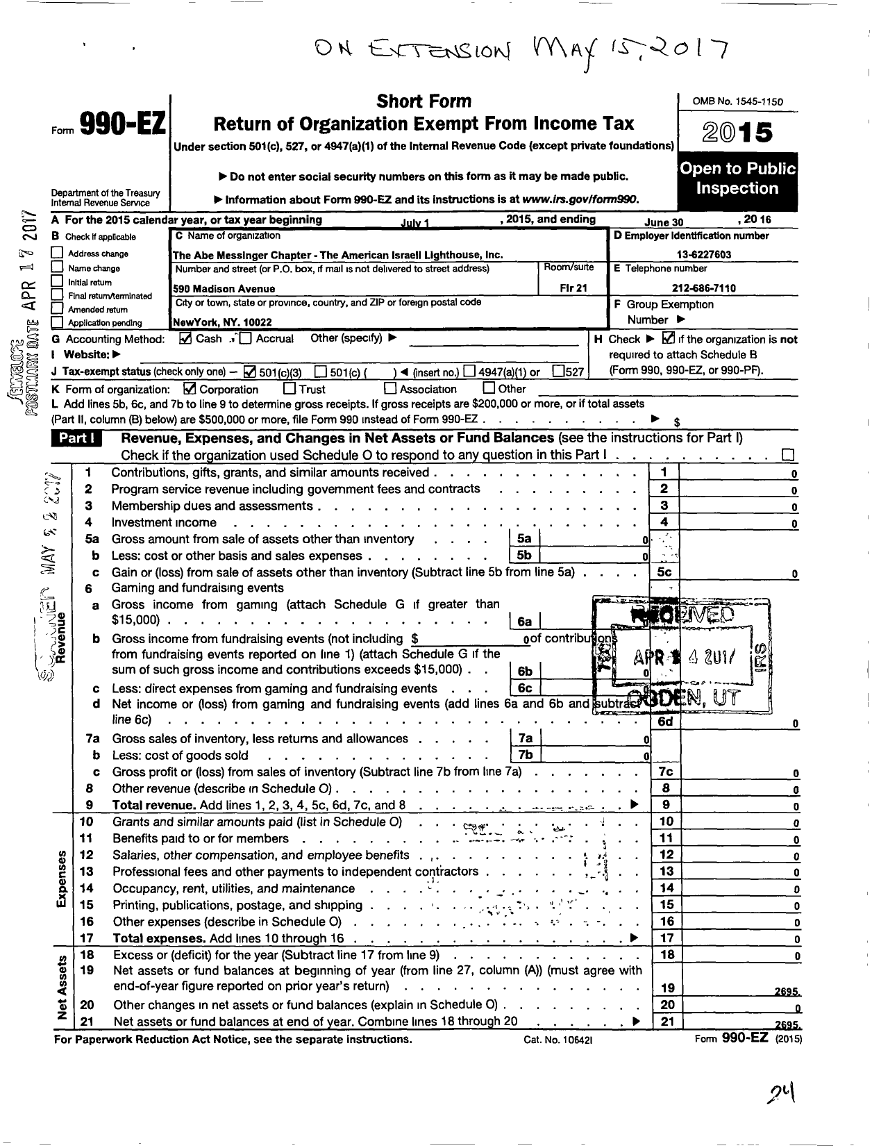 Image of first page of 2015 Form 990EZ for ABE MESSINGER CHAPTER The American Israeli Lighthouse