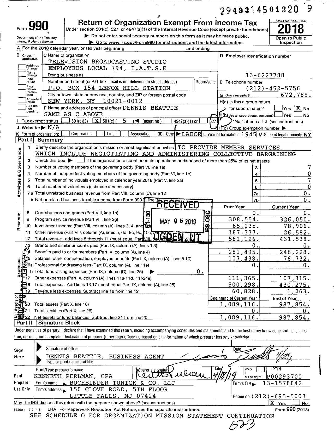 Image of first page of 2018 Form 990O for International Alliance of Theatrical Stage Employees - Iatse Local 794