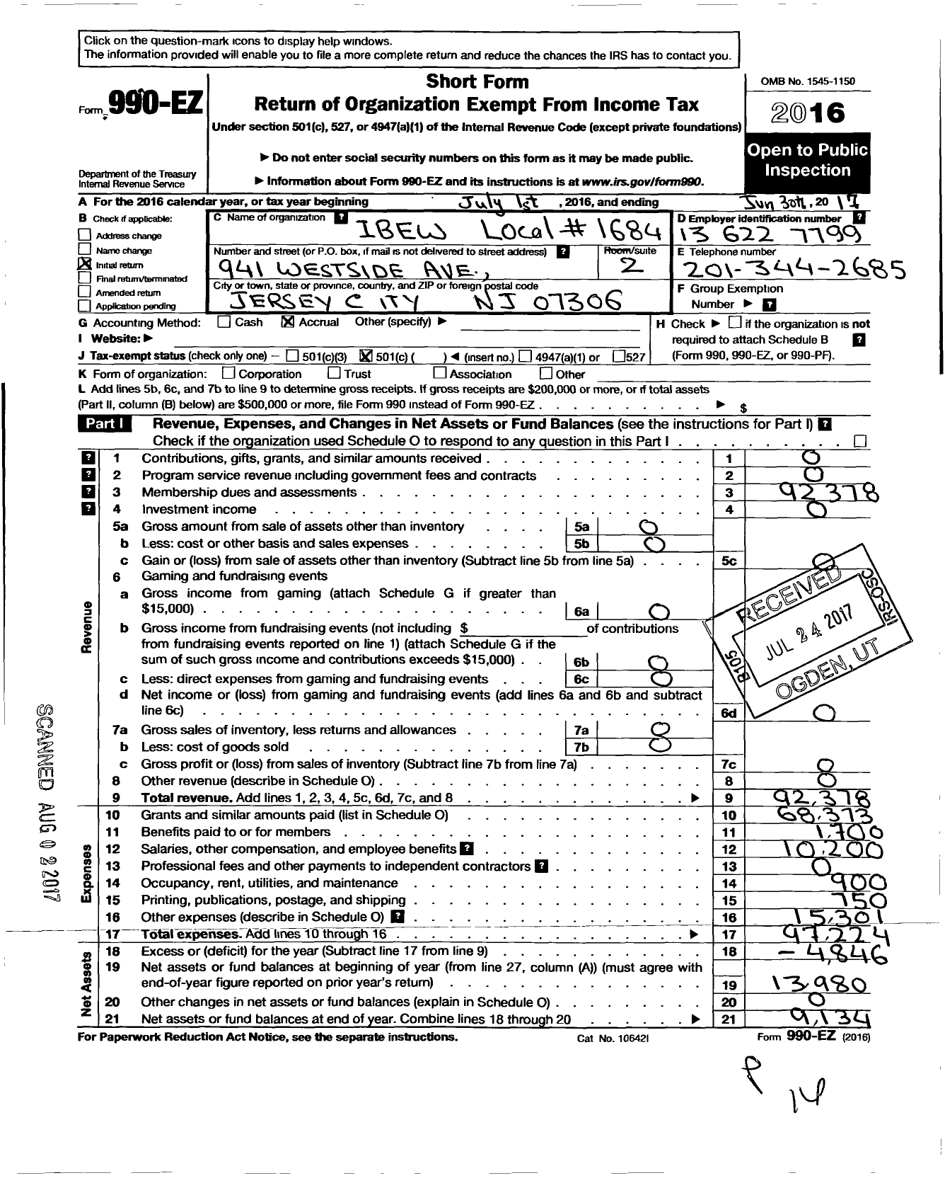 Image of first page of 2016 Form 990EO for International Brotherhood of Electrical Workers - 1684 Local Union