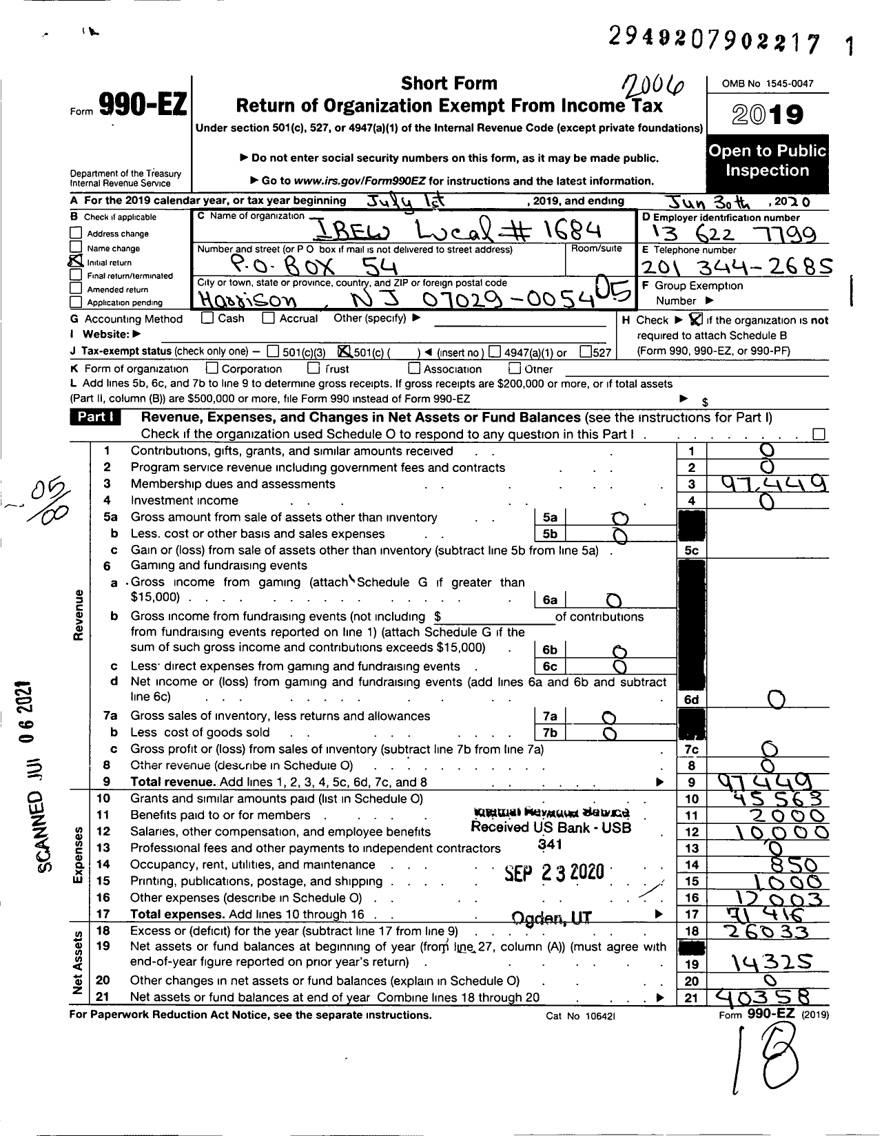 Image of first page of 2019 Form 990EO for International Brotherhood of Electrical Workers - 1684 Local Union