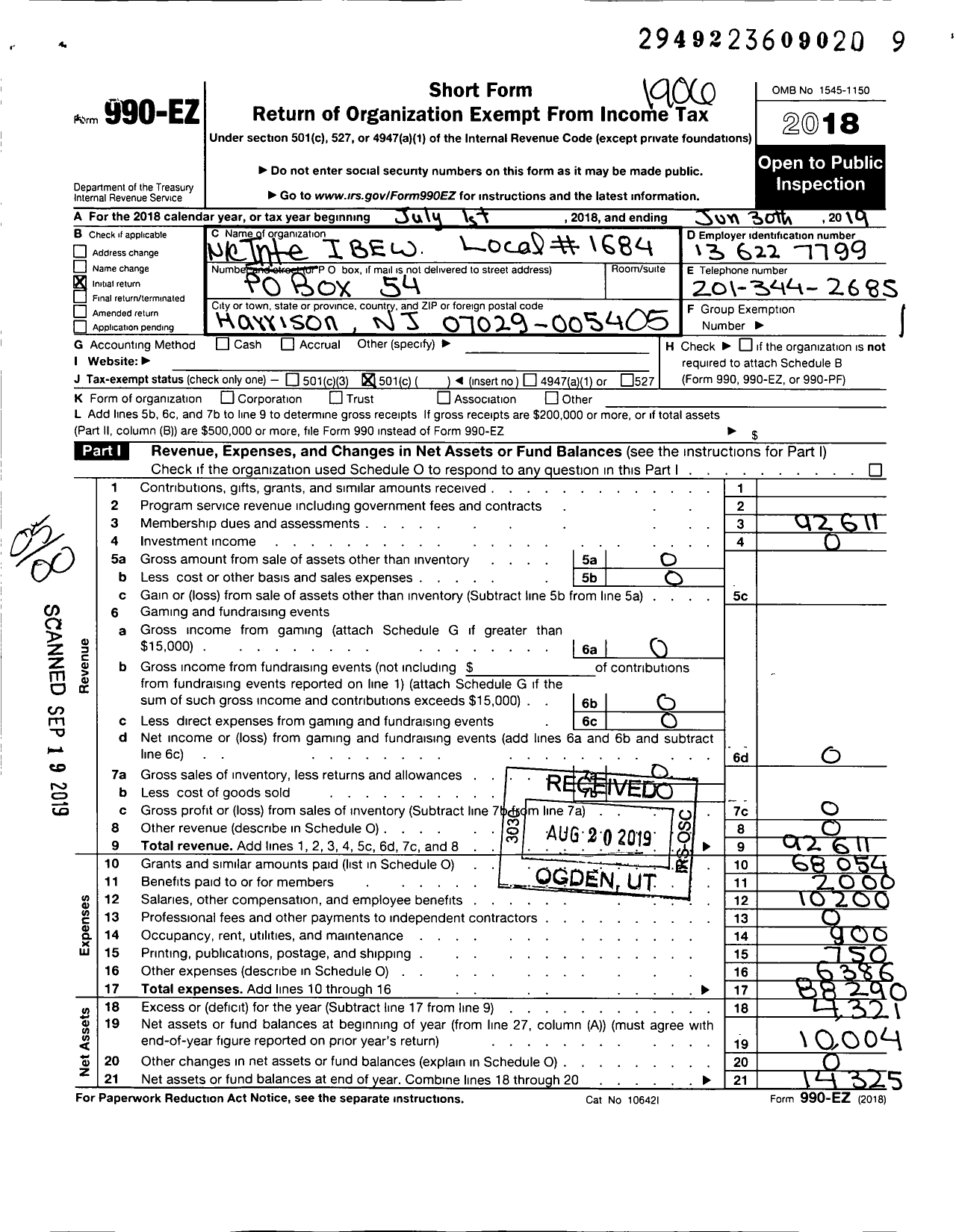 Image of first page of 2018 Form 990EO for International Brotherhood of Electrical Workers - 1684 Local Union