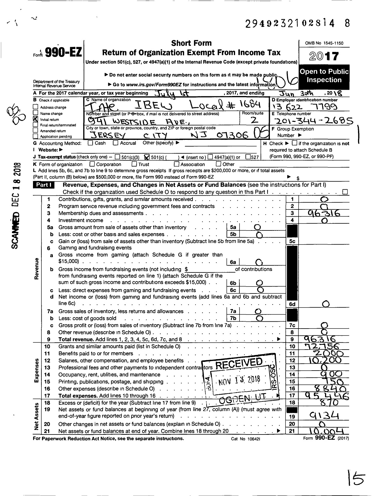 Image of first page of 2017 Form 990EO for International Brotherhood of Electrical Workers - 1684 Local Union