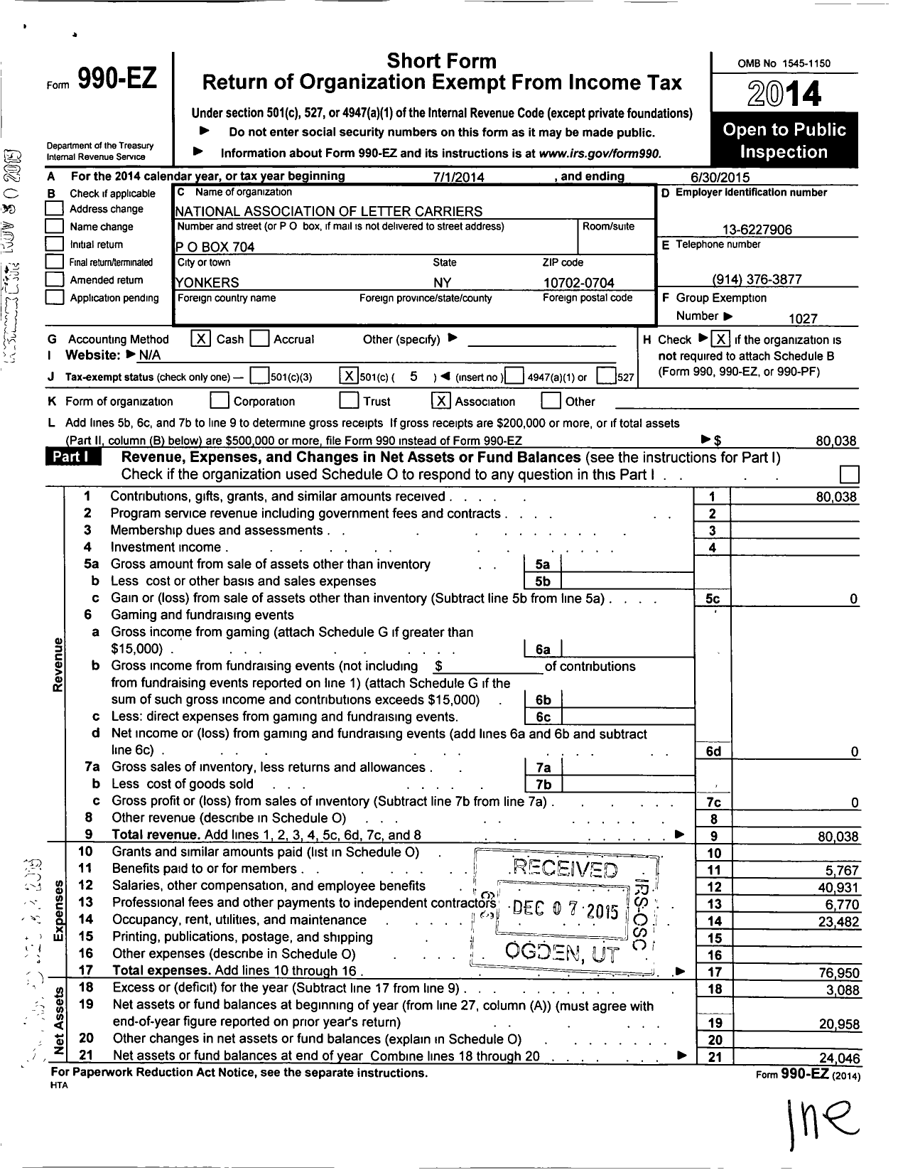 Image of first page of 2014 Form 990EO for National Association of Letter Carriers - 0387 Yonkers New York