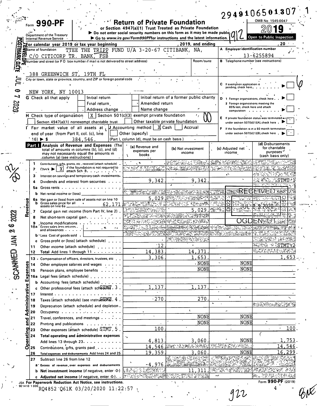 Image of first page of 2019 Form 990PF for Trustees the Tripp Fund 3-20-67 Citibank Na