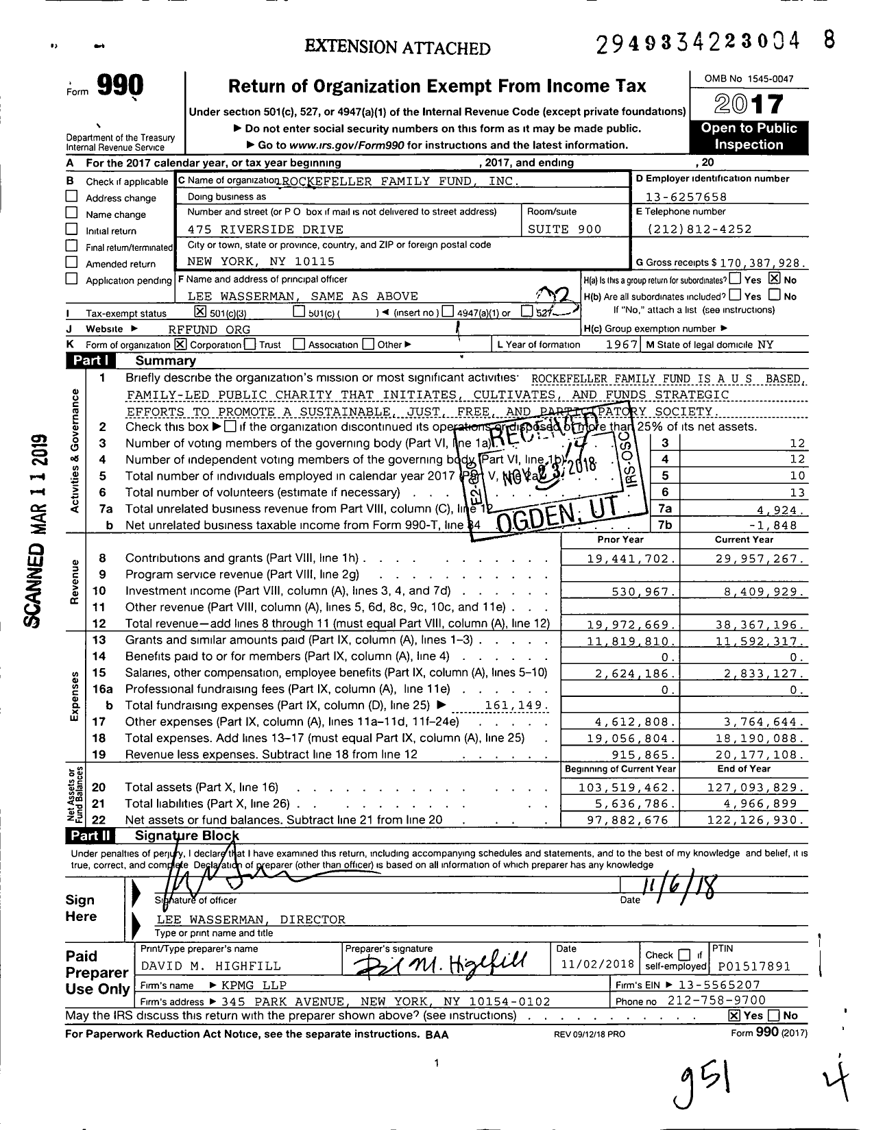 Image of first page of 2017 Form 990 for Rockefeller Family Fund (RFF)