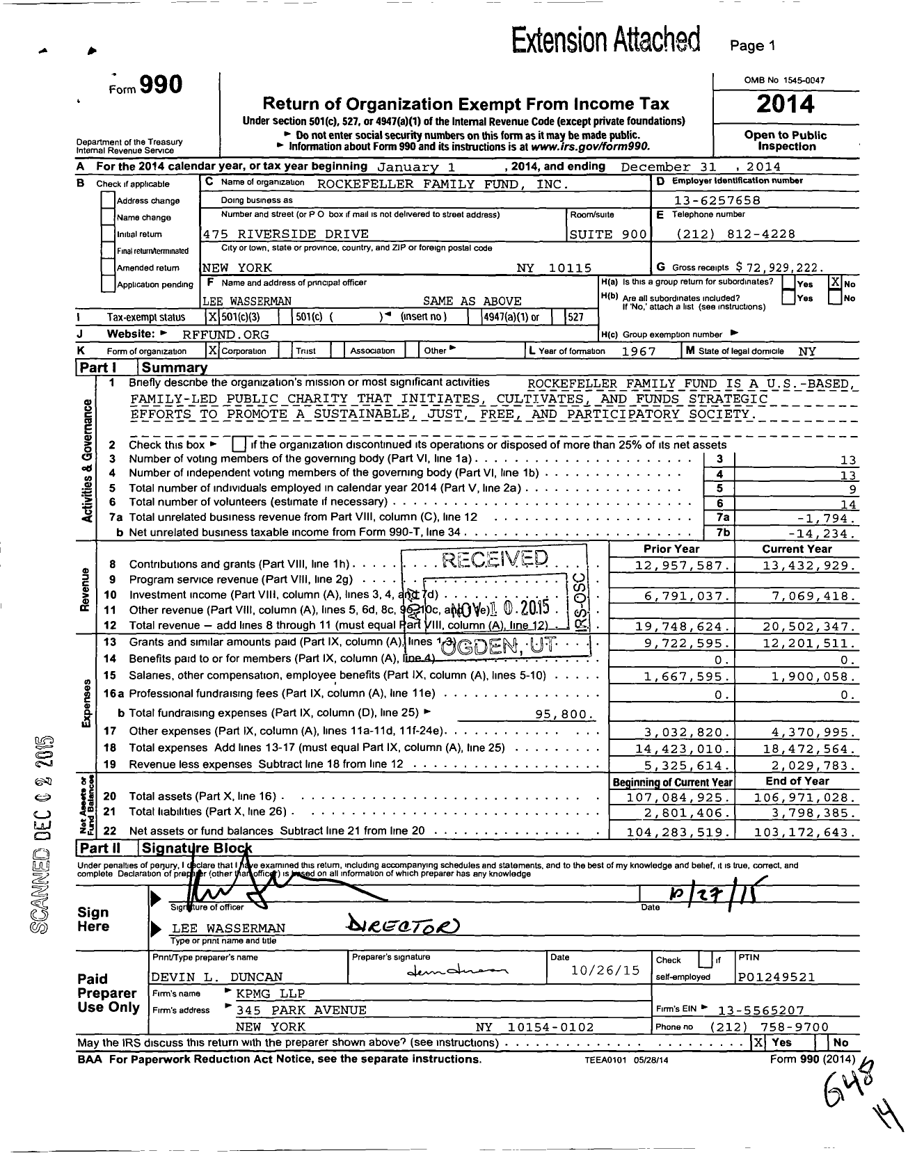 Image of first page of 2014 Form 990 for Rockefeller Family Fund (RFF)