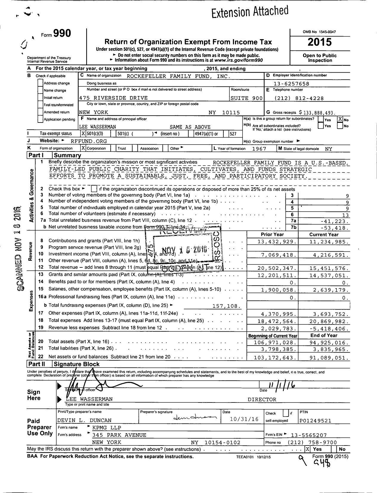 Image of first page of 2015 Form 990 for Rockefeller Family Fund (RFF)