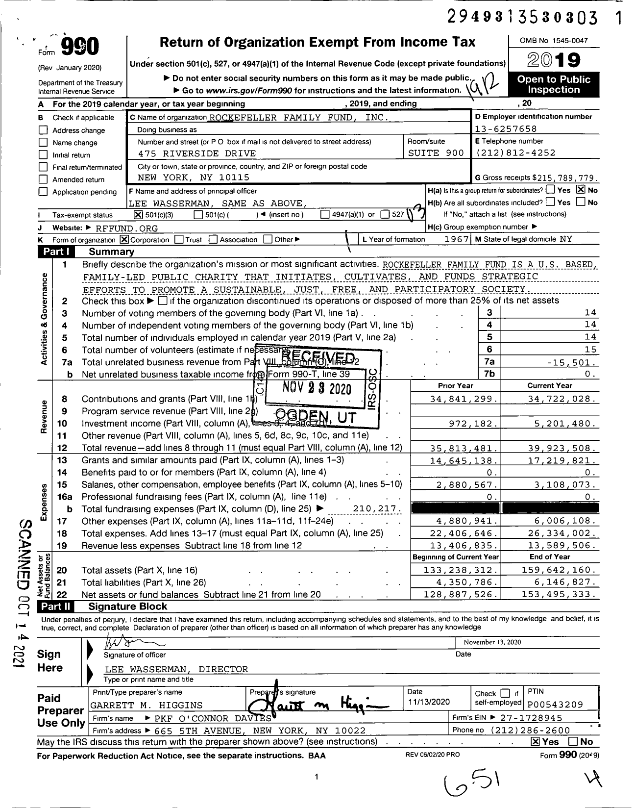 Image of first page of 2019 Form 990 for Rockefeller Family Fund (RFF)