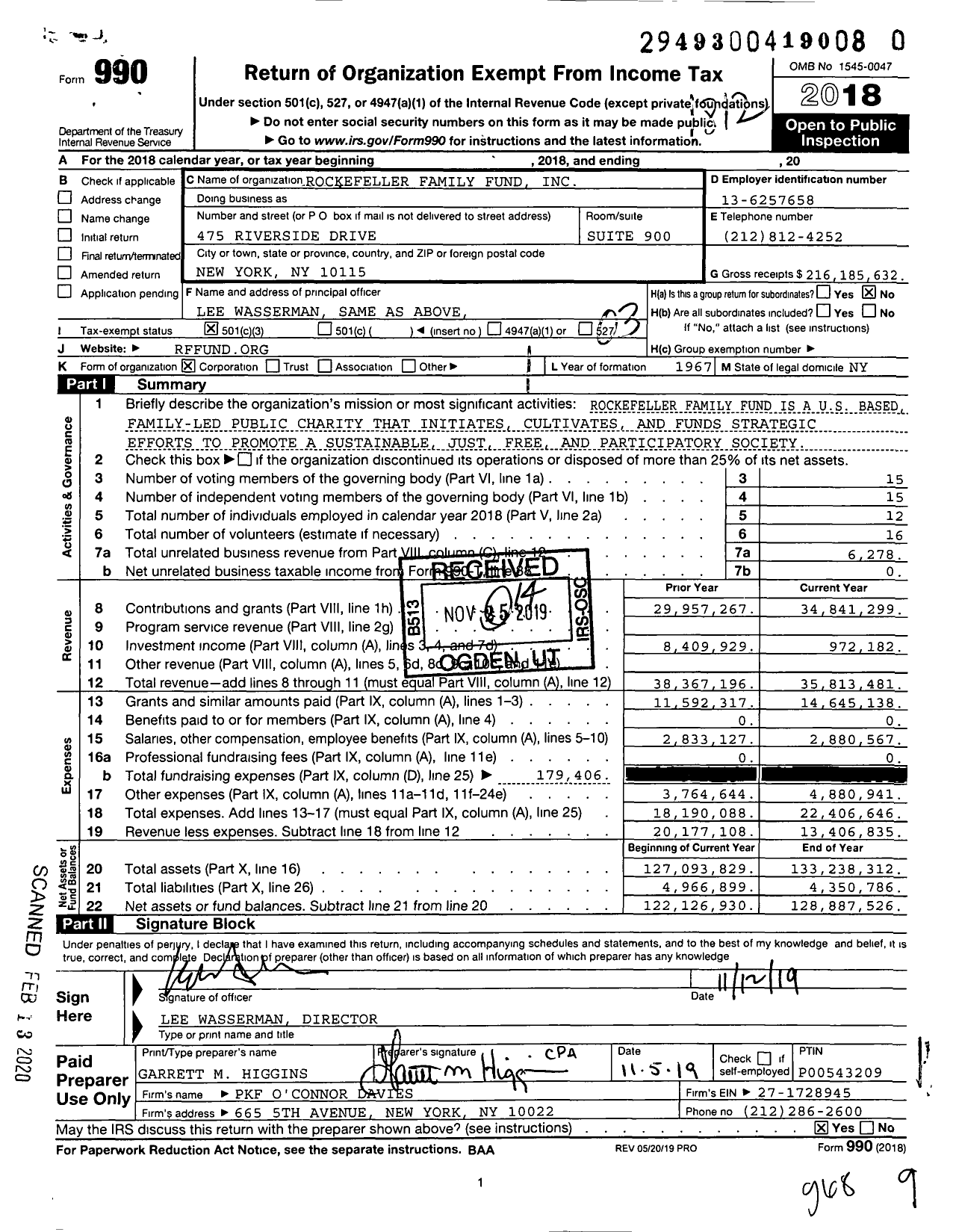 Image of first page of 2018 Form 990 for Rockefeller Family Fund (RFF)