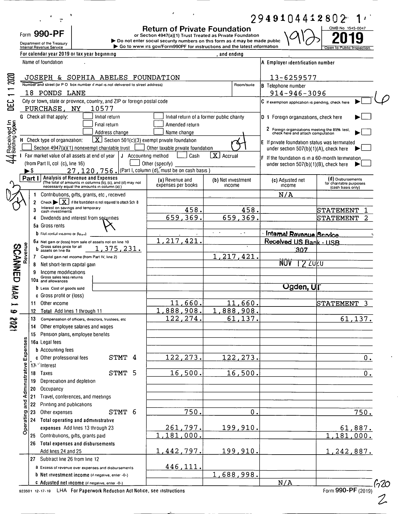 Image of first page of 2019 Form 990PF for Joseph and Sophia Abeles Foundation