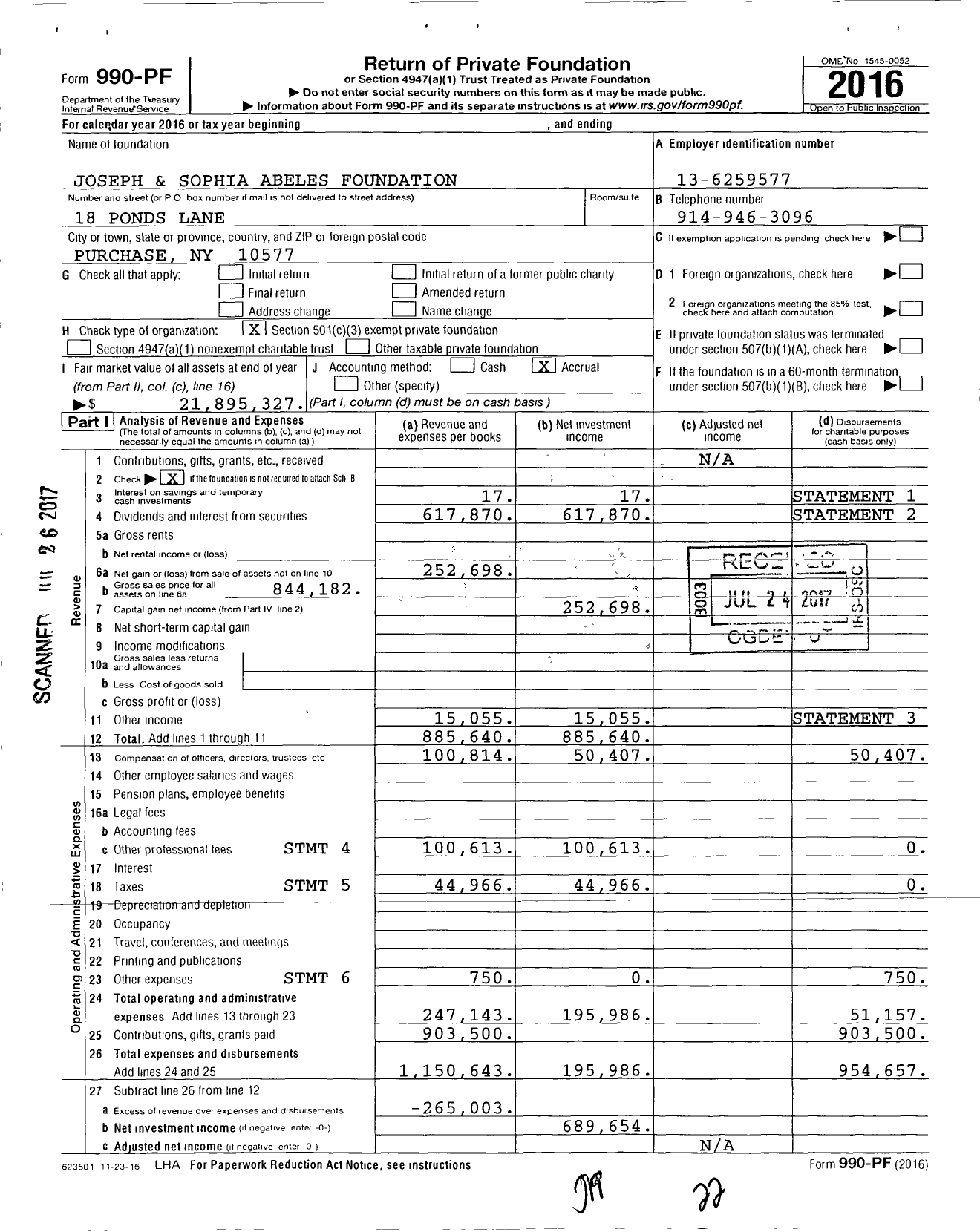 Image of first page of 2016 Form 990PF for Joseph and Sophia Abeles Foundation