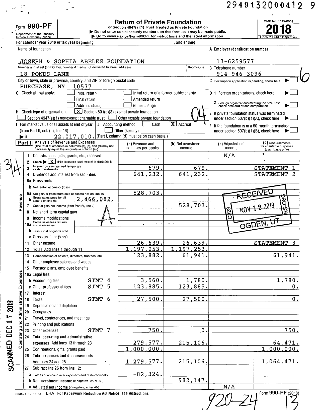 Image of first page of 2018 Form 990PF for Joseph and Sophia Abeles Foundation