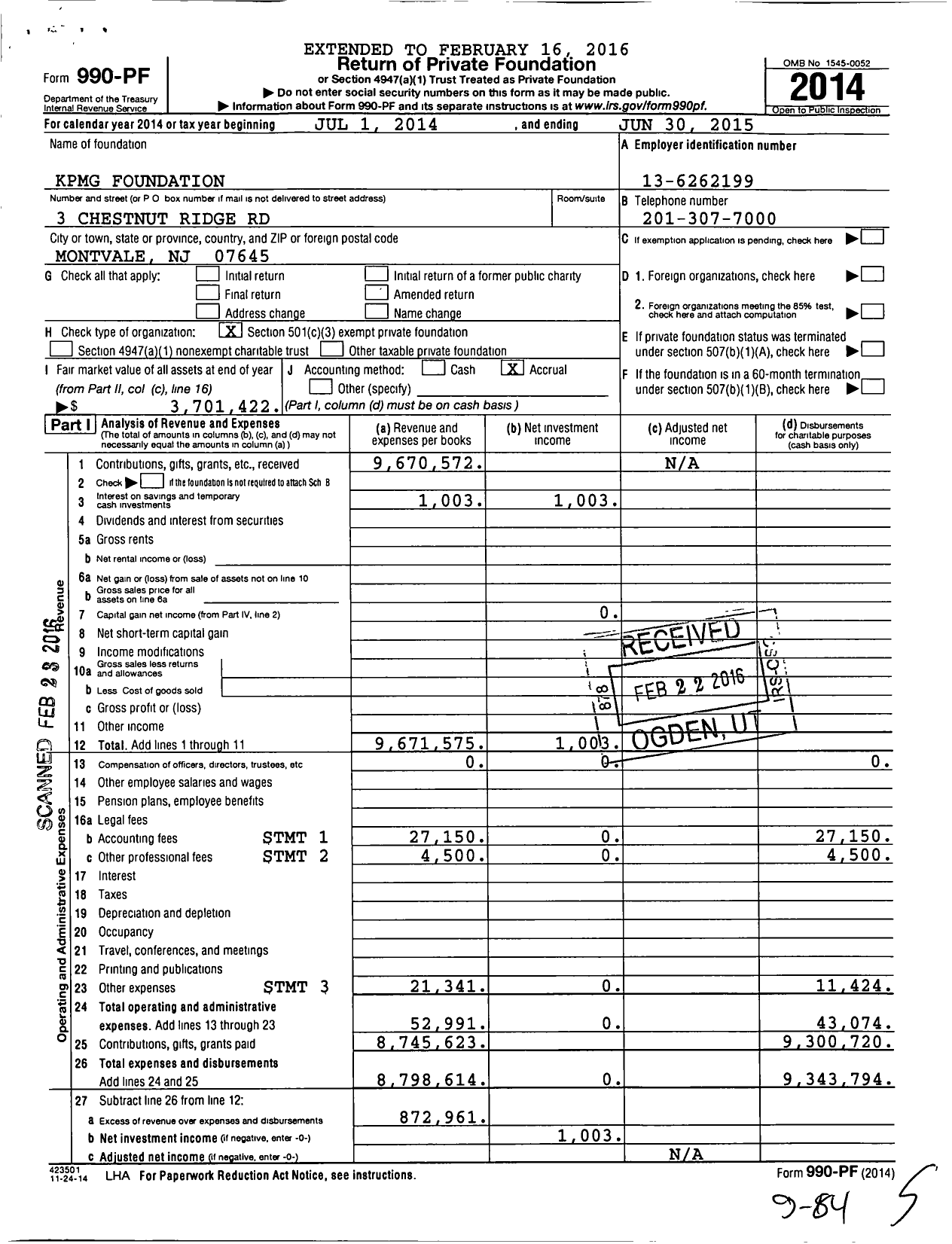 Image of first page of 2014 Form 990PF for KPMG Foundation