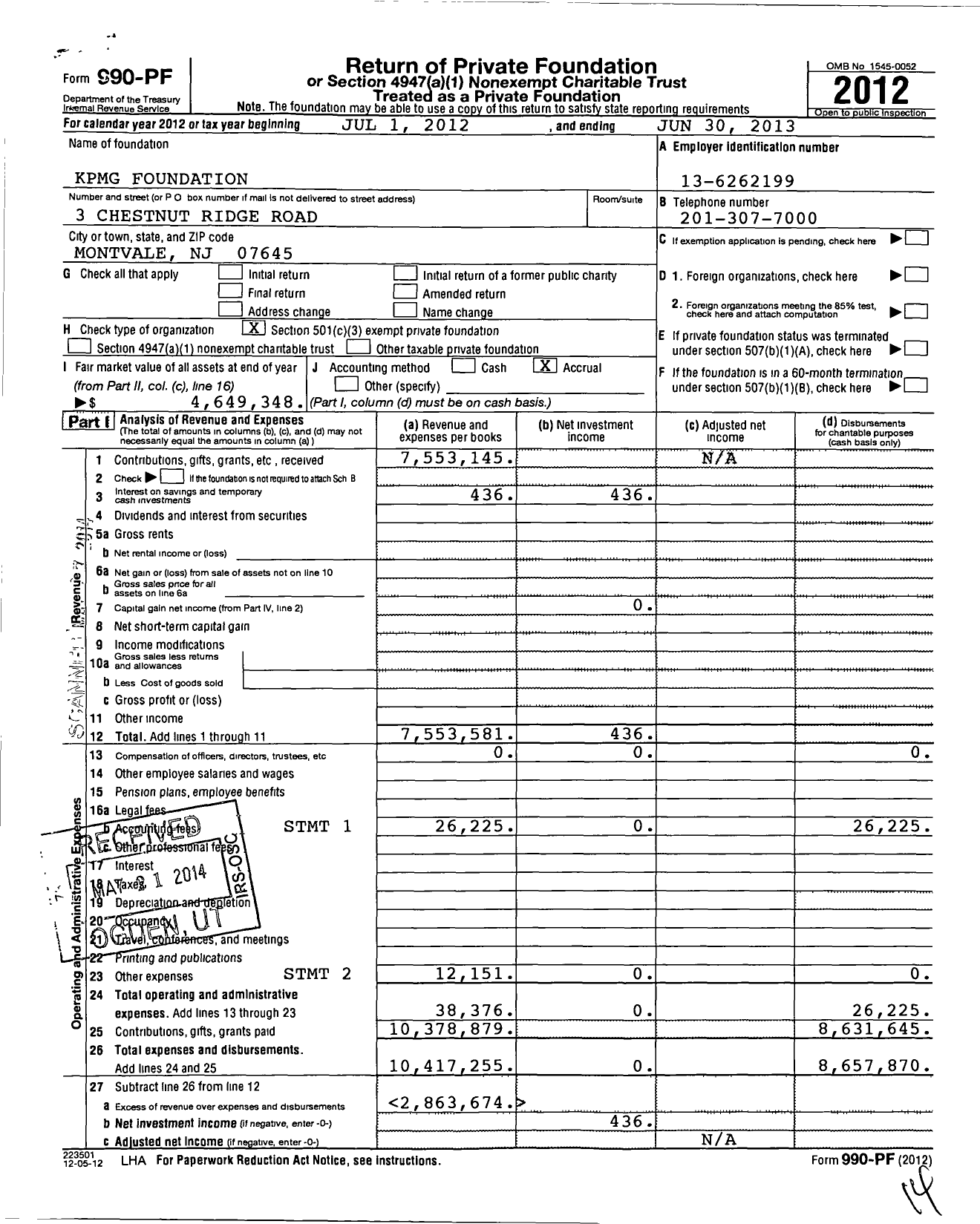 Image of first page of 2012 Form 990PF for KPMG Foundation