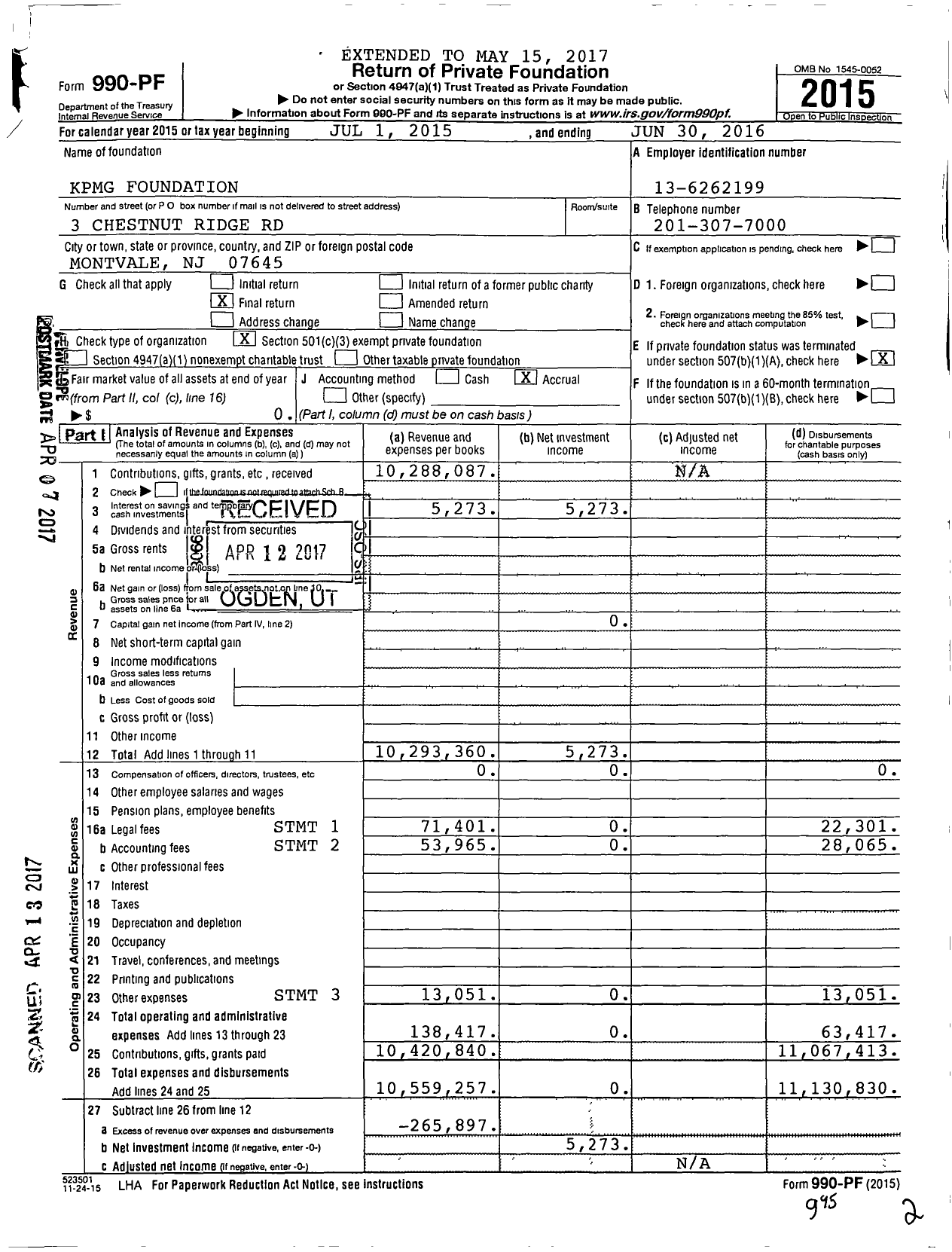 Image of first page of 2015 Form 990PF for KPMG Foundation