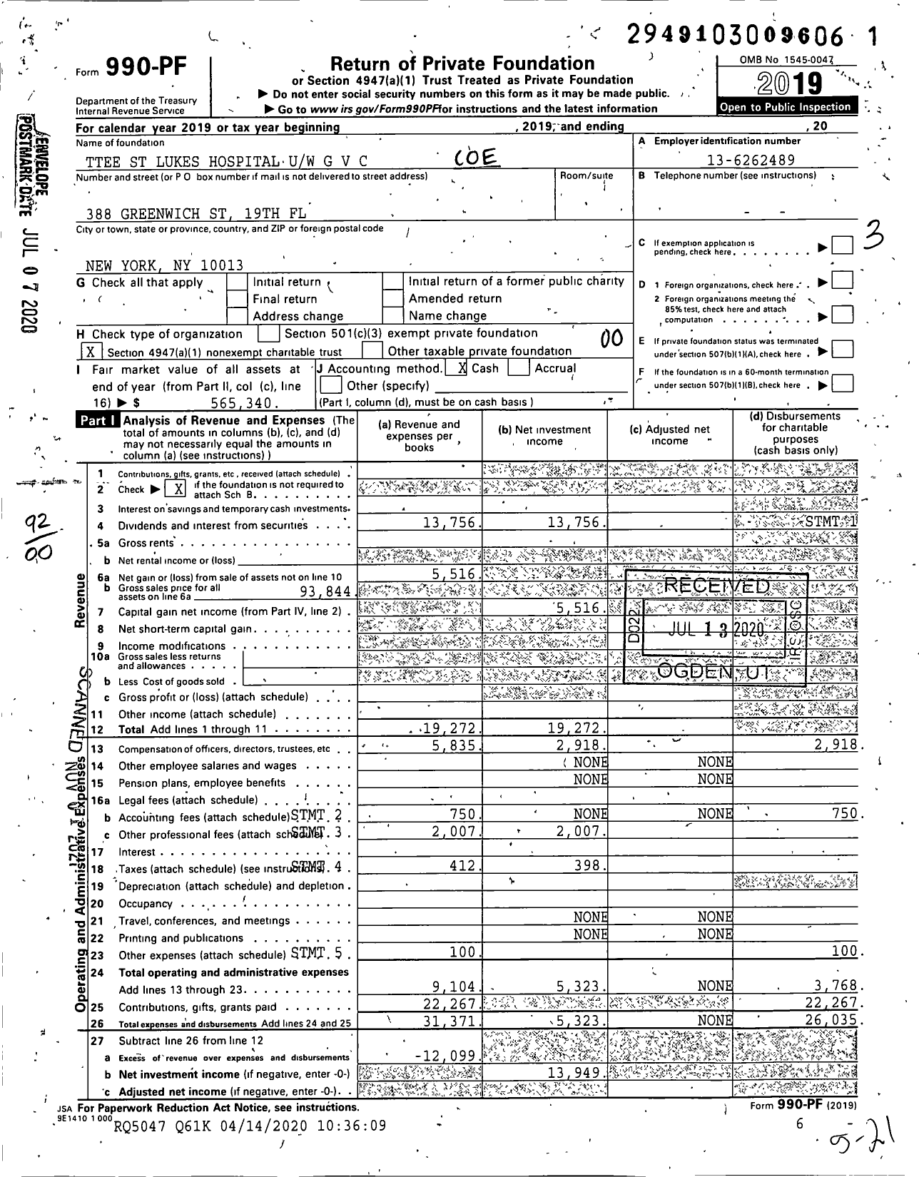 Image of first page of 2019 Form 990PF for Trustees St Lukes Hospital Uw G V C