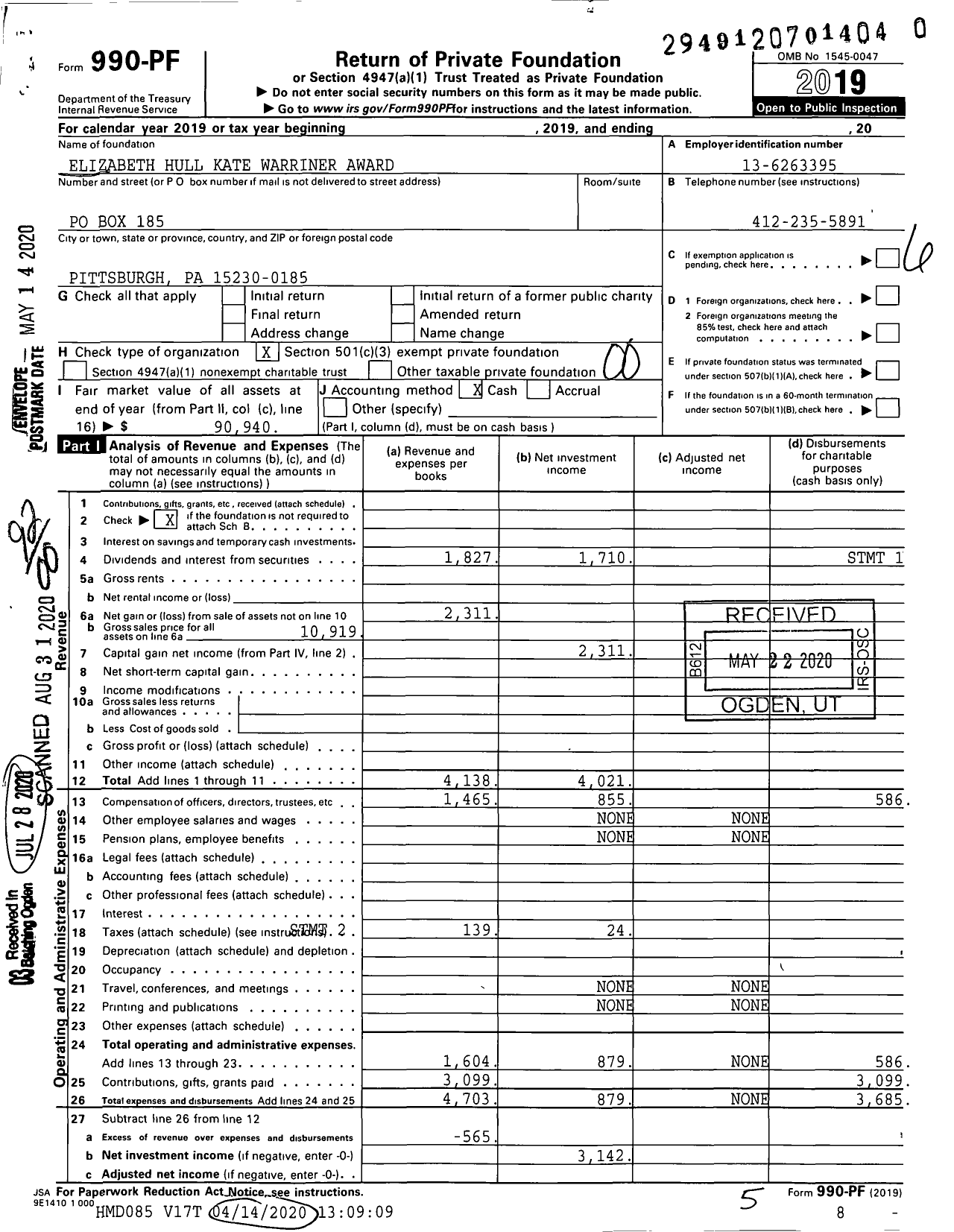 Image of first page of 2019 Form 990PR for Elizabeth Hull Kate Warriner Award