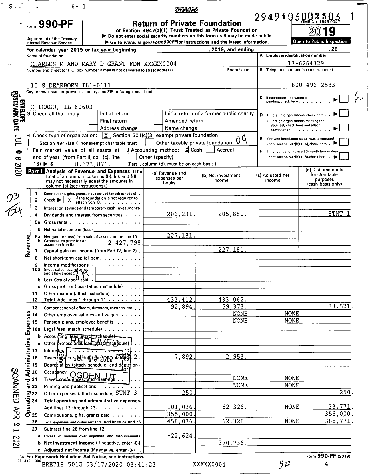 Image of first page of 2019 Form 990PF for Charles M and Mary D Grant Foundation XXXXX0004