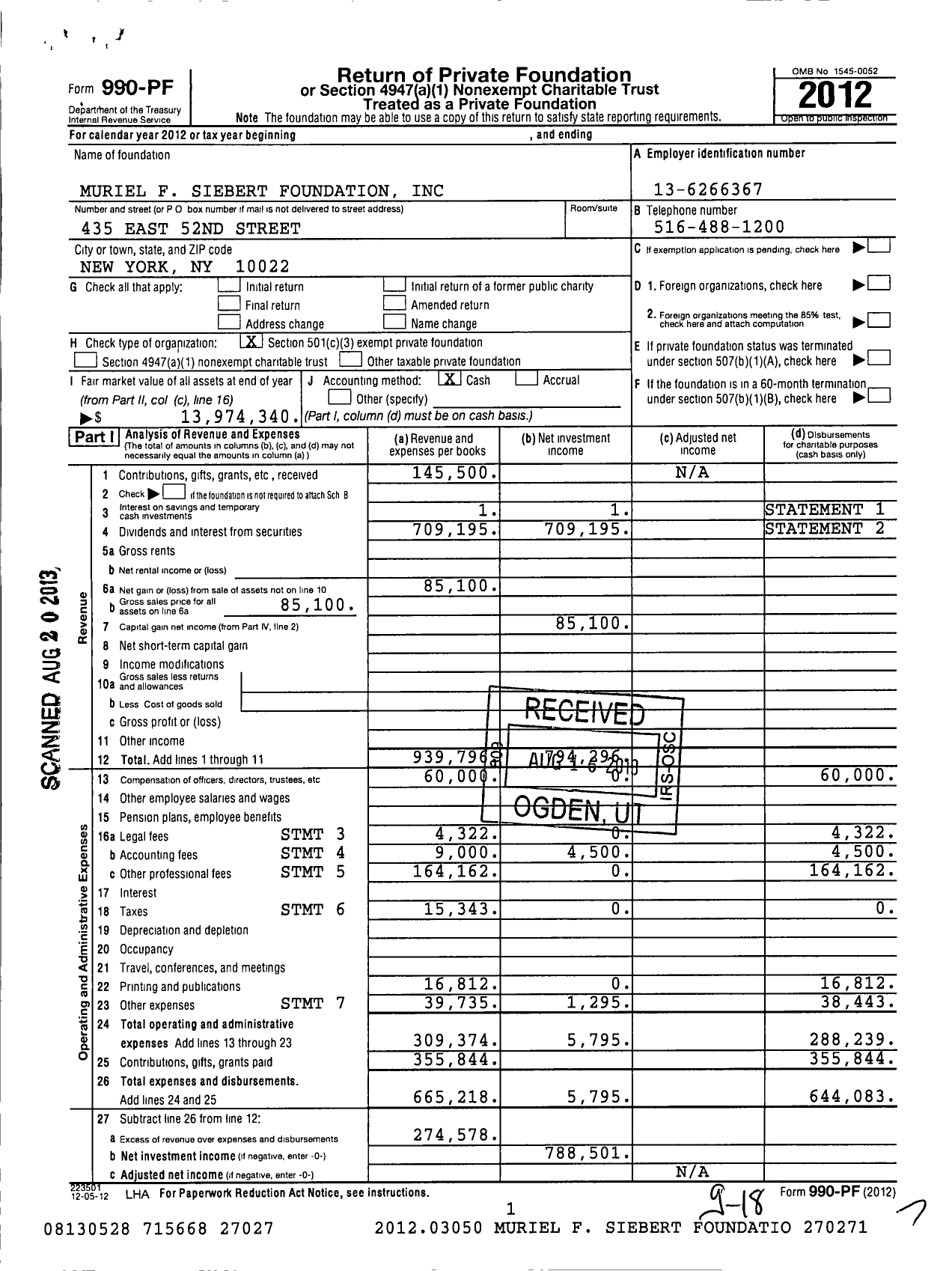Image of first page of 2012 Form 990PF for Muriel F Siebert Foundation