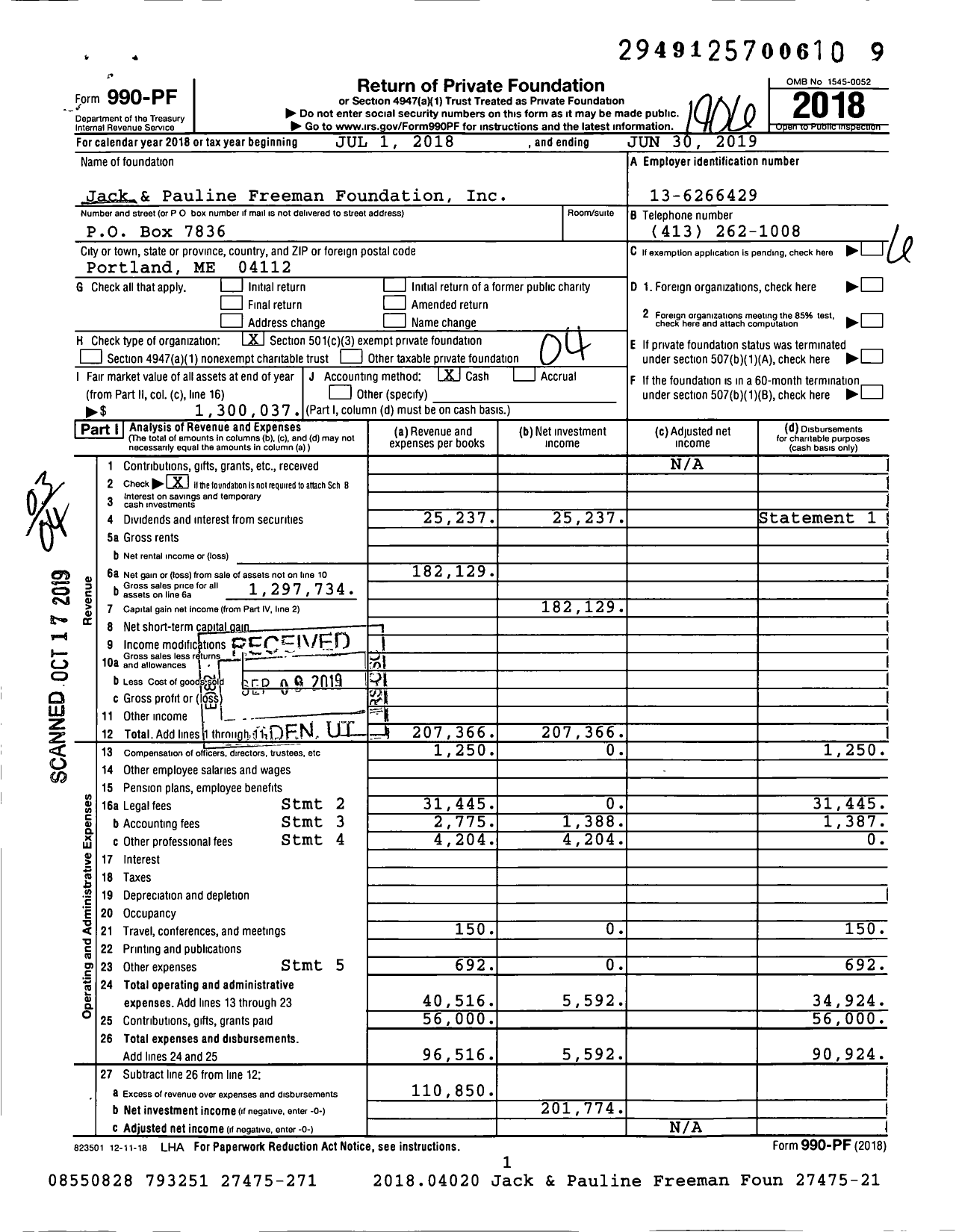 Image of first page of 2018 Form 990PF for Jack and Pauline Freeman Foundation