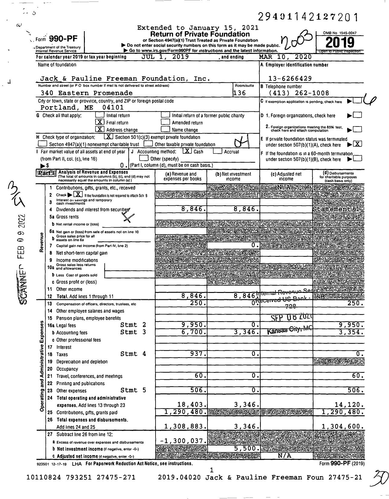 Image of first page of 2019 Form 990PF for Jack and Pauline Freeman Foundation