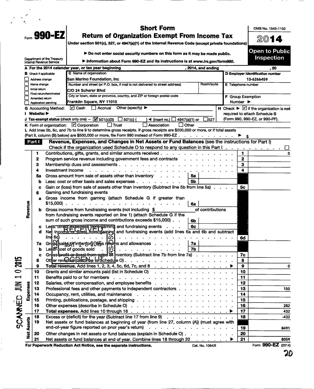 Image of first page of 2014 Form 990EZ for San Marino Foundation