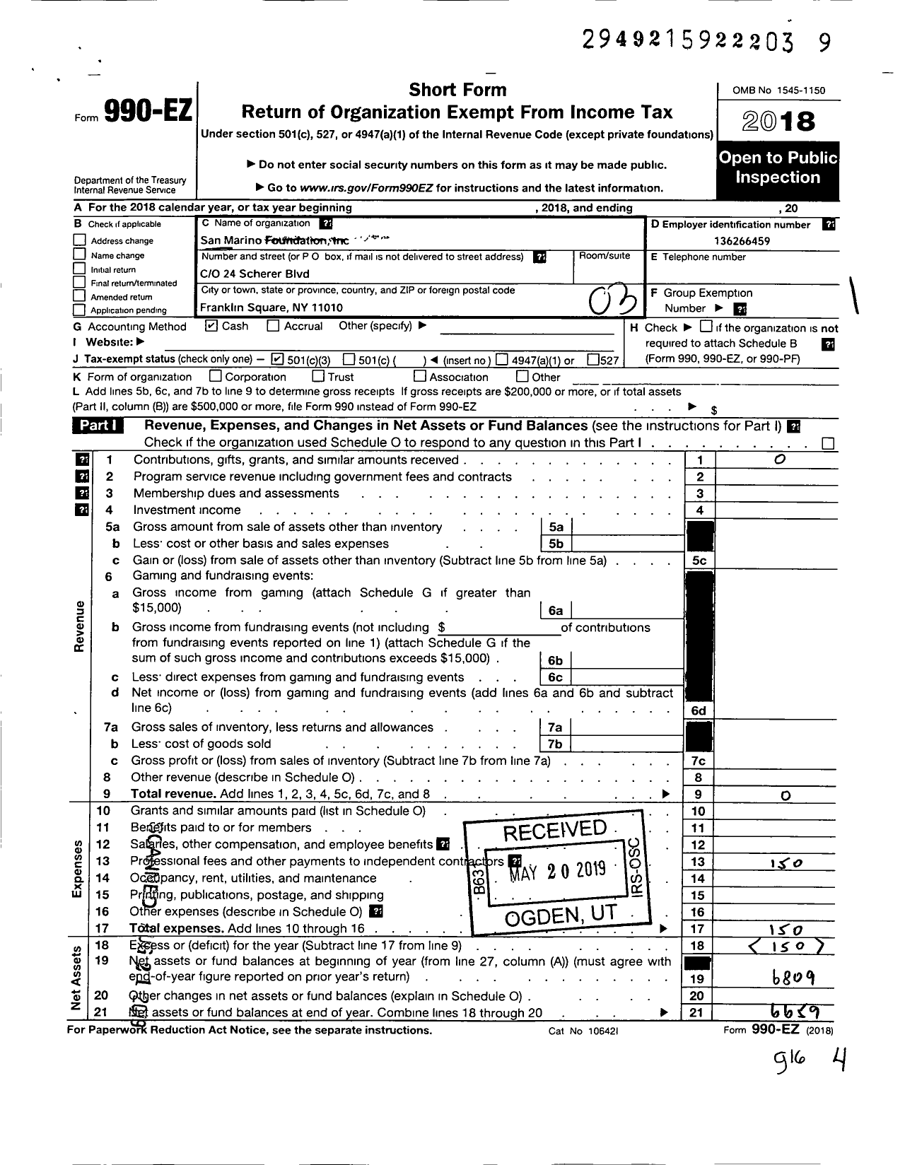 Image of first page of 2018 Form 990EZ for San Marino Foundation