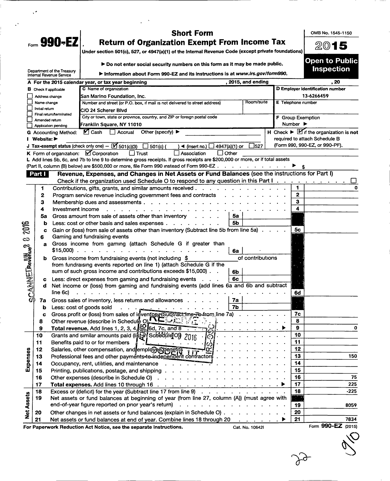 Image of first page of 2015 Form 990EZ for San Marino Foundation