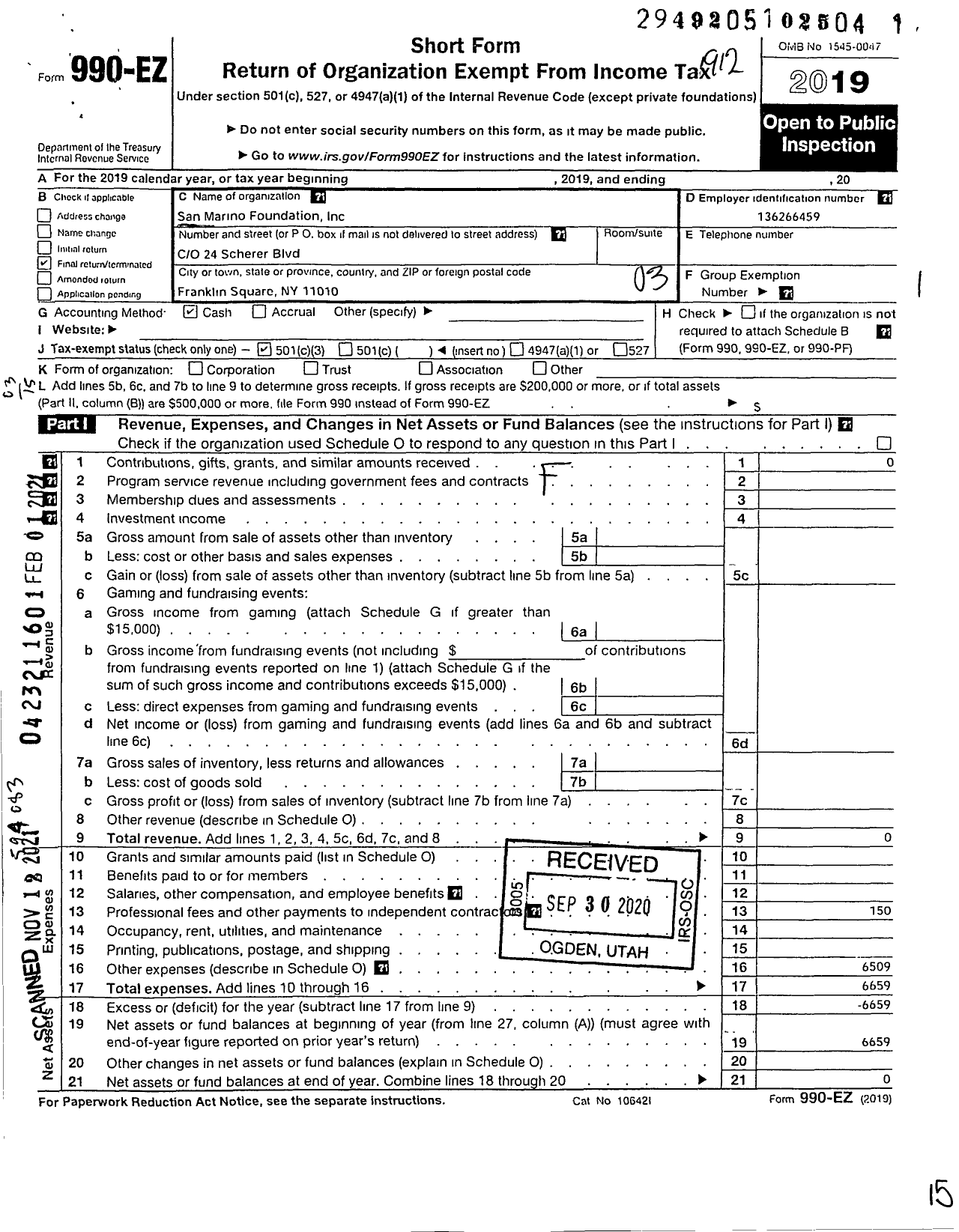 Image of first page of 2019 Form 990EZ for San Marino Foundation