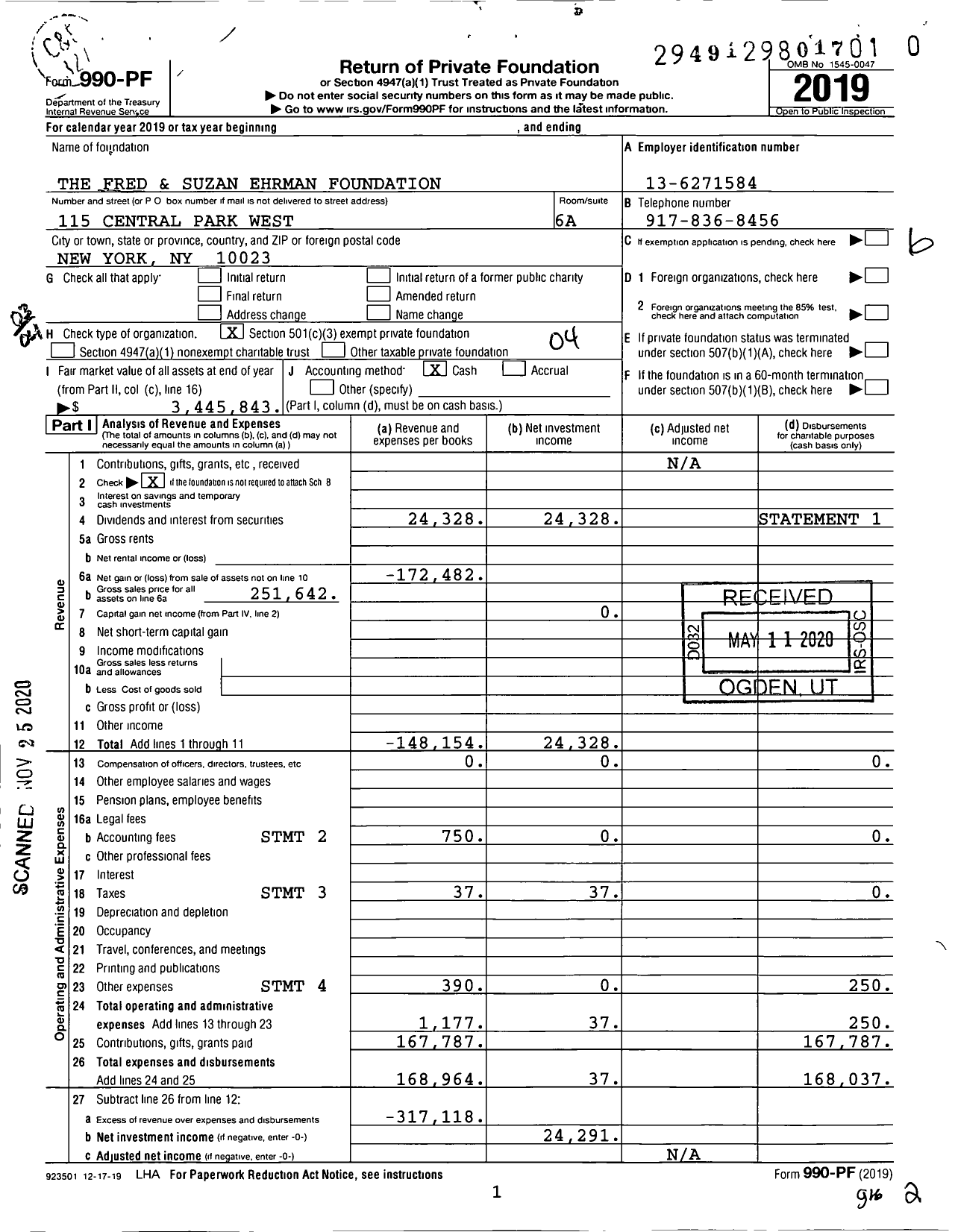 Image of first page of 2019 Form 990PF for The Fred and Suzan Ehrman Foundation