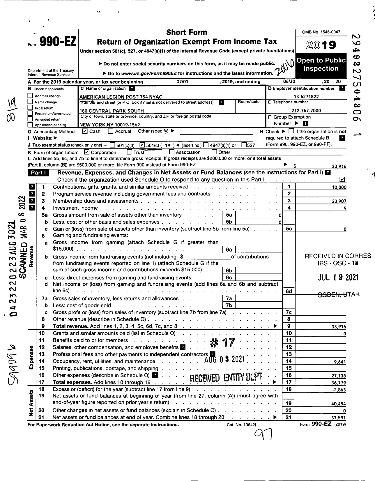 Image of first page of 2019 Form 990EO for American Legion - 754 New York Athletic Club