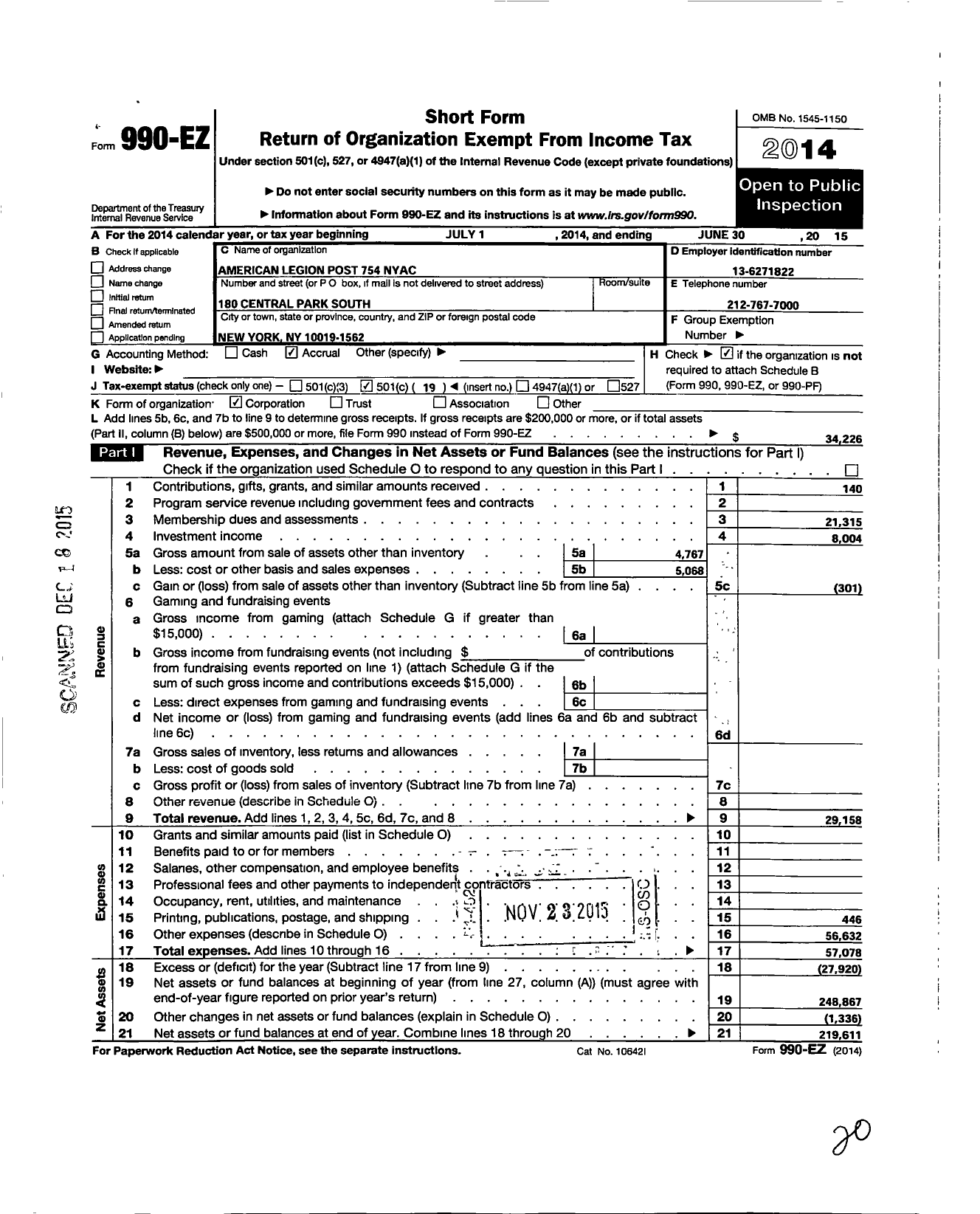 Image of first page of 2014 Form 990EO for American Legion - 754 New York Athletic Club