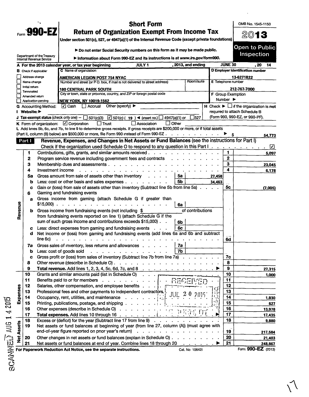 Image of first page of 2013 Form 990EO for American Legion - 754 New York Athletic Club