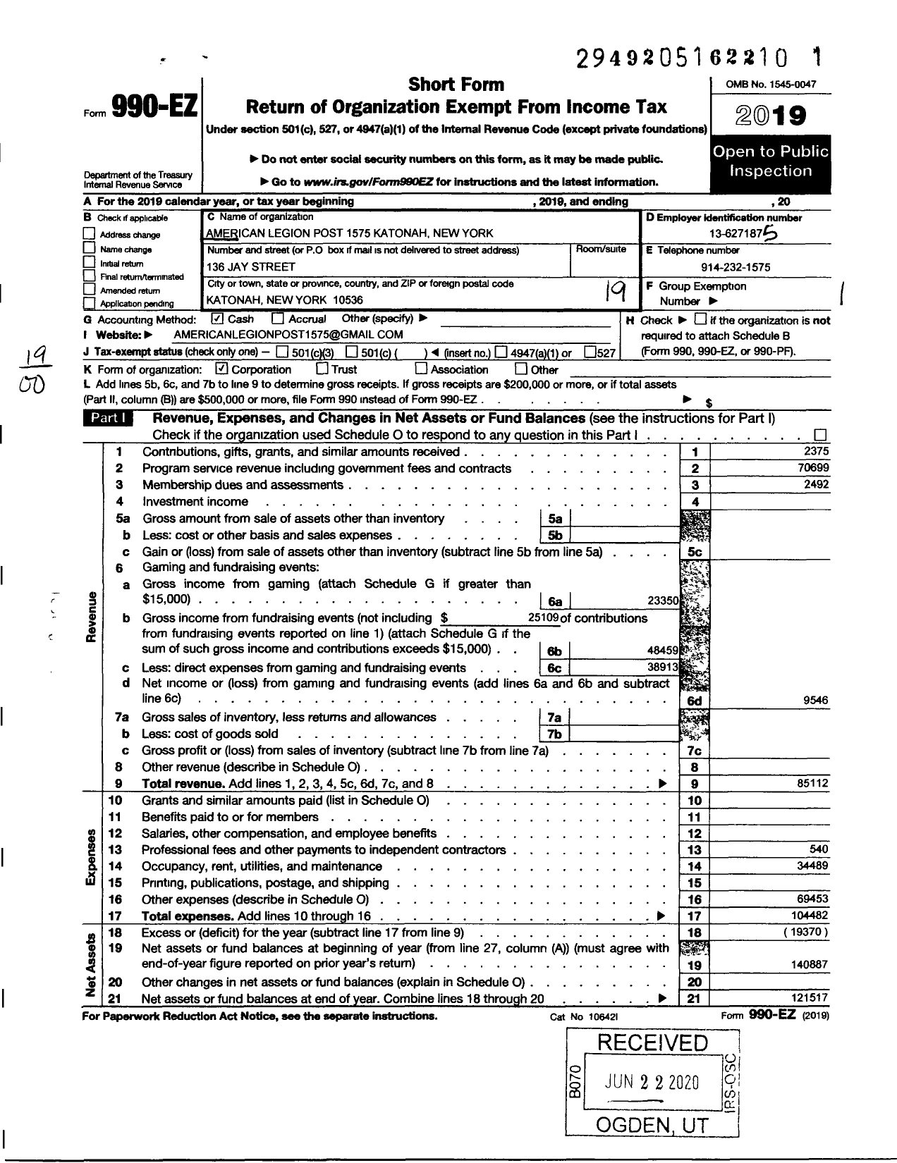 Image of first page of 2019 Form 990EO for American Legion - 1575 Katonah Post