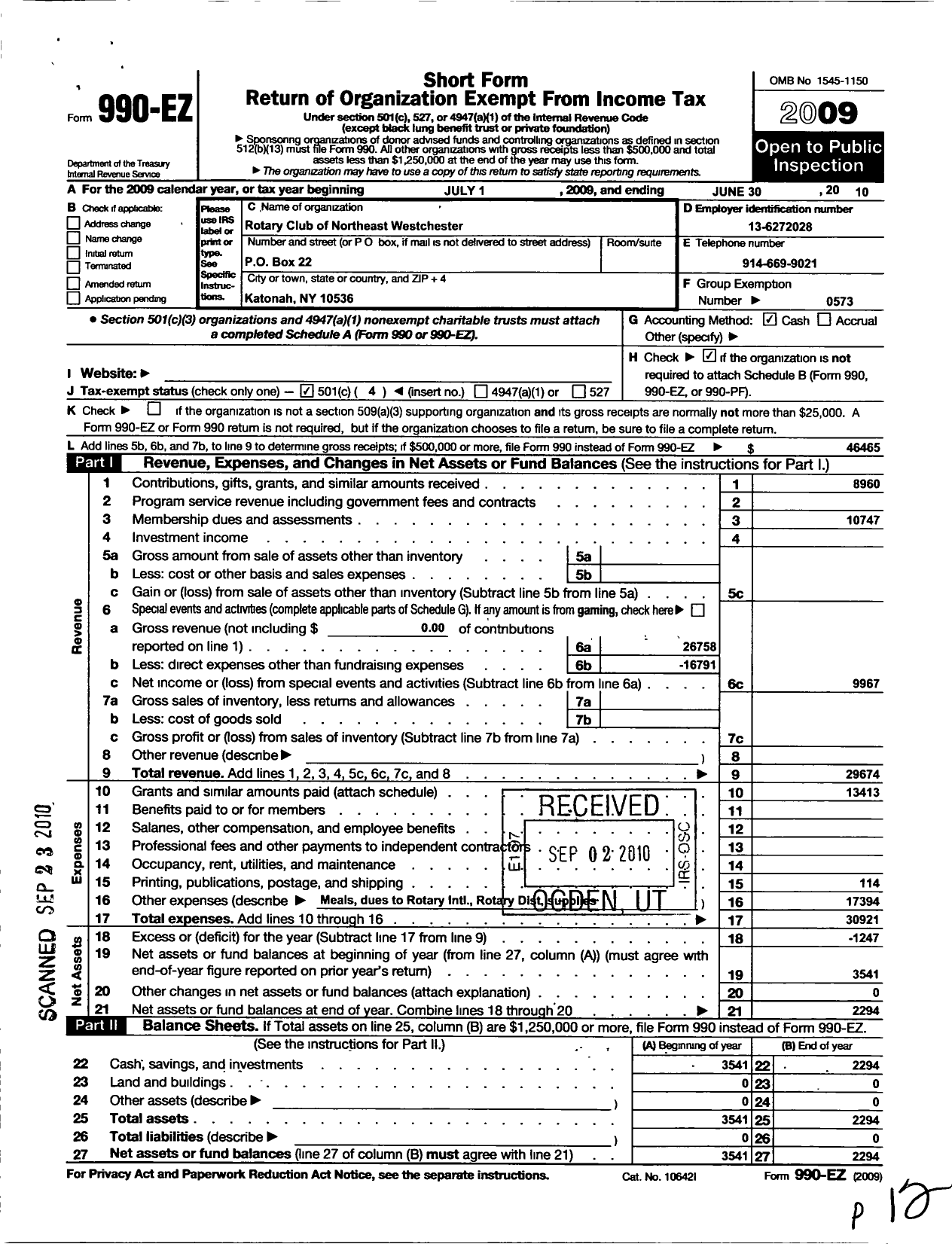 Image of first page of 2009 Form 990EO for Rotary International - Northeast Westchester New York