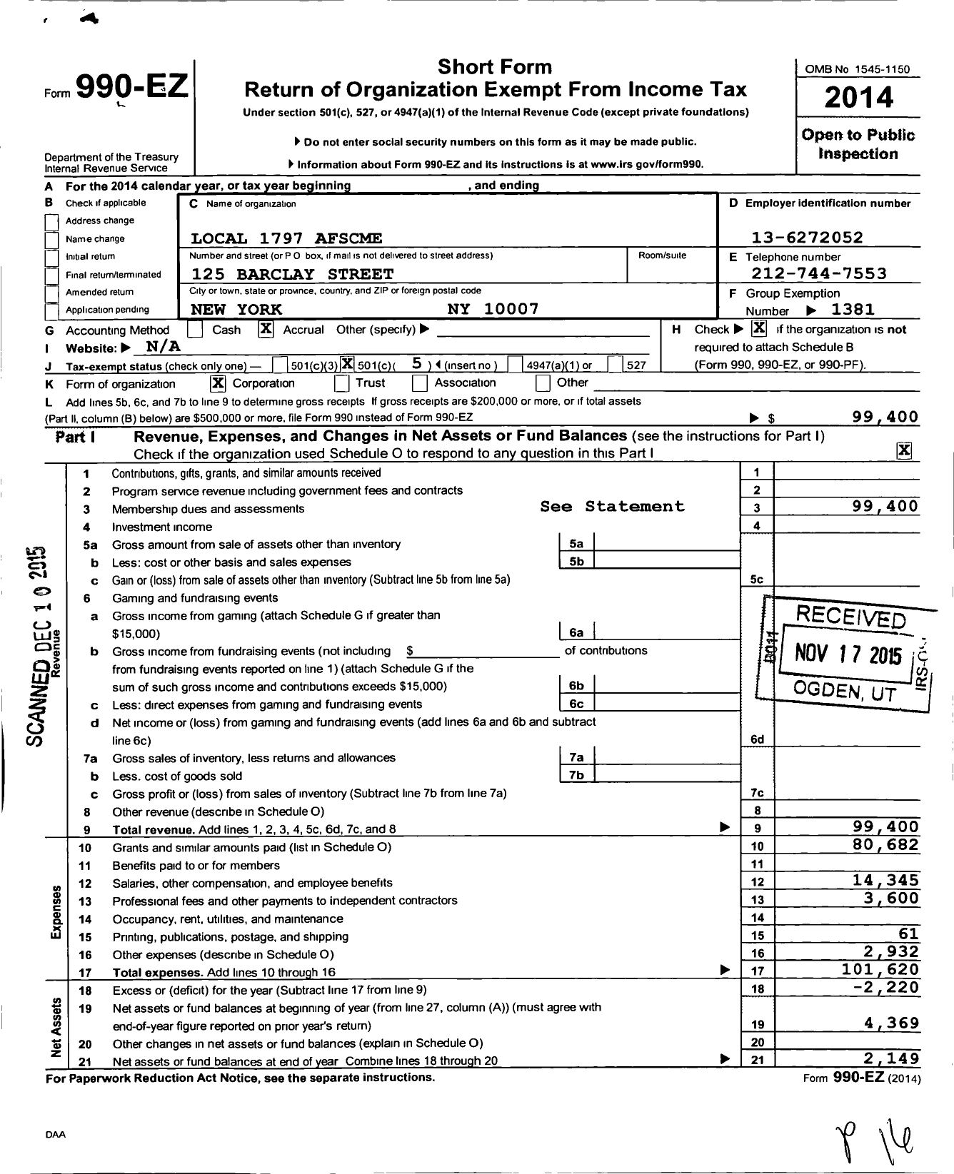 Image of first page of 2014 Form 990EO for American Federation of State County & Municipal Employees - L1797ny Nyc Custodial Supervisors