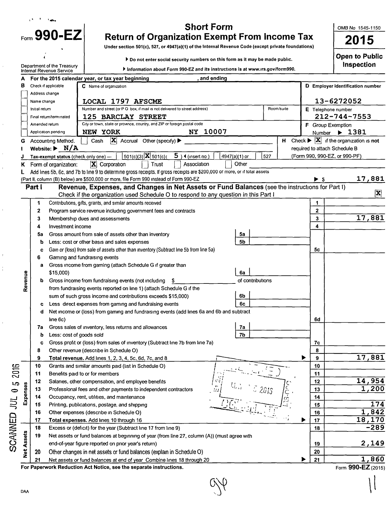 Image of first page of 2015 Form 990EO for American Federation of State County & Municipal Employees - L1797ny Nyc Custodial Supervisors