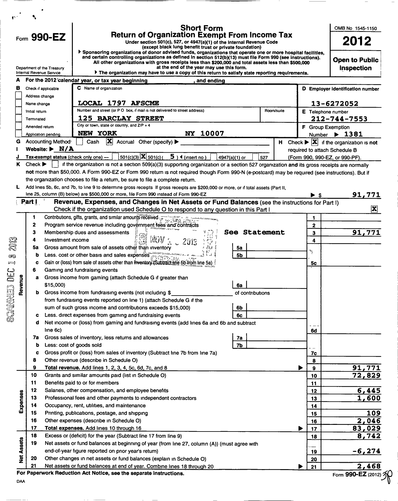 Image of first page of 2012 Form 990EO for American Federation of State County & Municipal Employees - L1797ny Nyc Custodial Supervisors