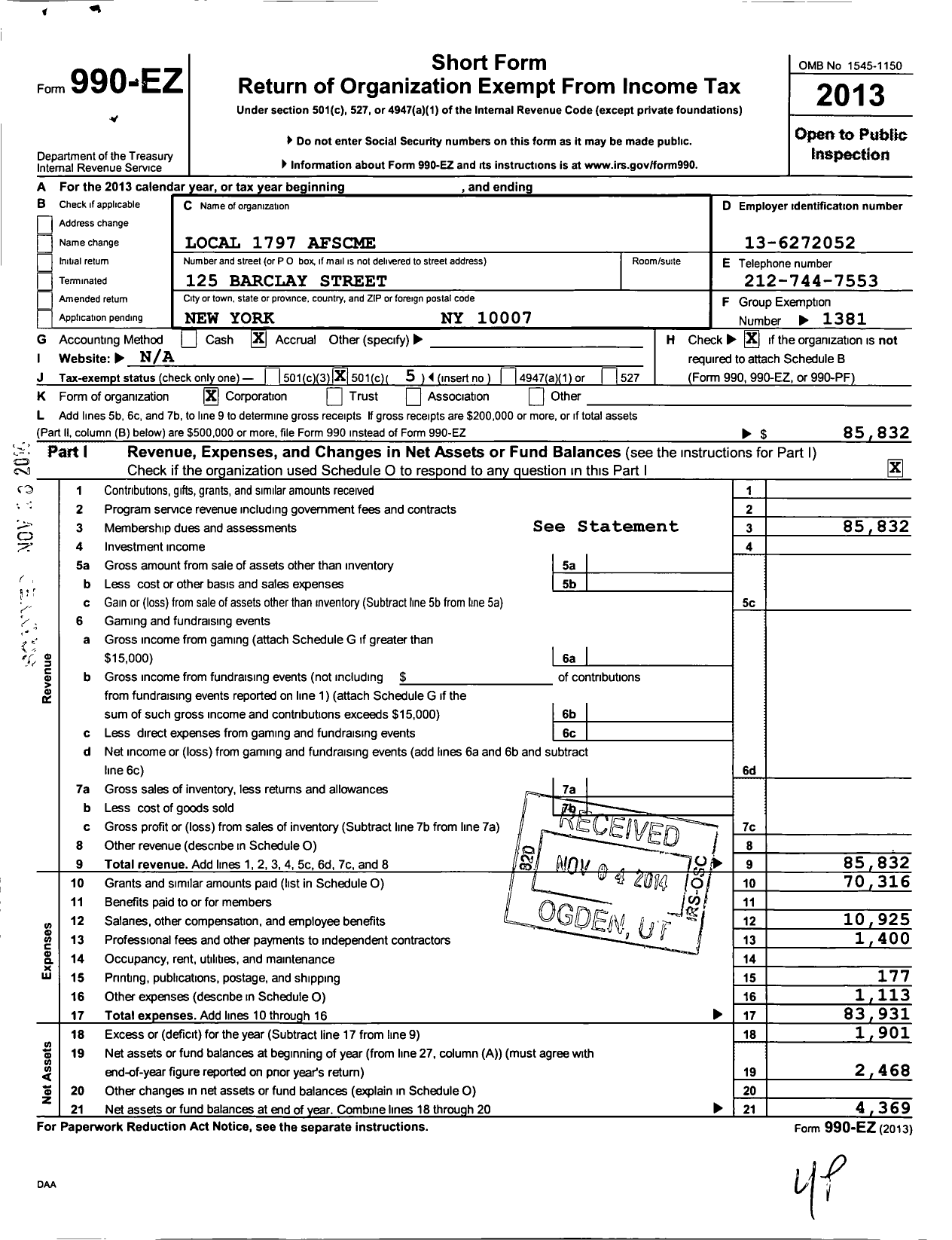 Image of first page of 2013 Form 990EO for American Federation of State County & Municipal Employees - L1797ny Nyc Custodial Supervisors